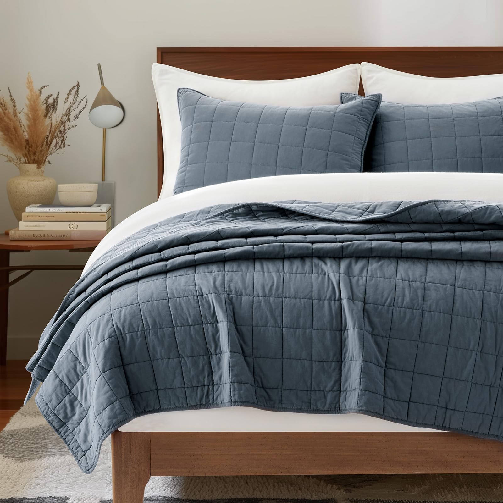 evergracehome 100% cotton box stitch quilt bedding set king size 3 pieces, garment-washed lightweight soft cozy coverlet, oversized quilted bedspread sets with 2 shams for all season, midnight blue