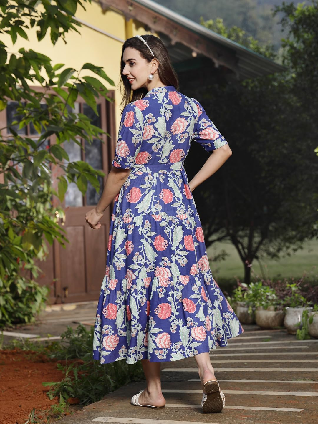 Stylum Women's Floral Printed Rayon Tiered Dress (Drsbluerenee40_Blue, L)