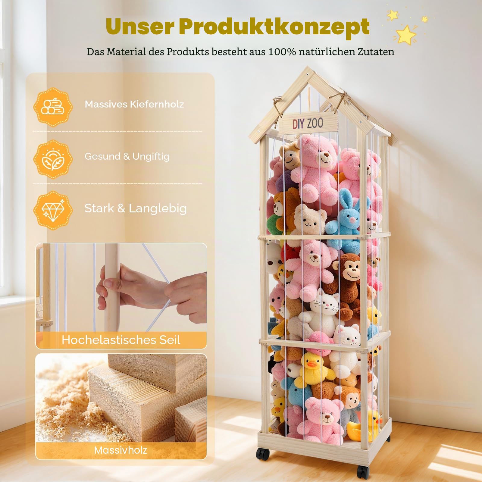 Kuscheltier Aufbewahrung 146x47x35CM, MINENICE Plüschtier Aufbewahrung aus Massivholz mit 360° Feststellbaren Lenkrollen für Babyzimmer, Wohnzimmer, Schlafzimmer, Kinderzimmermöbel