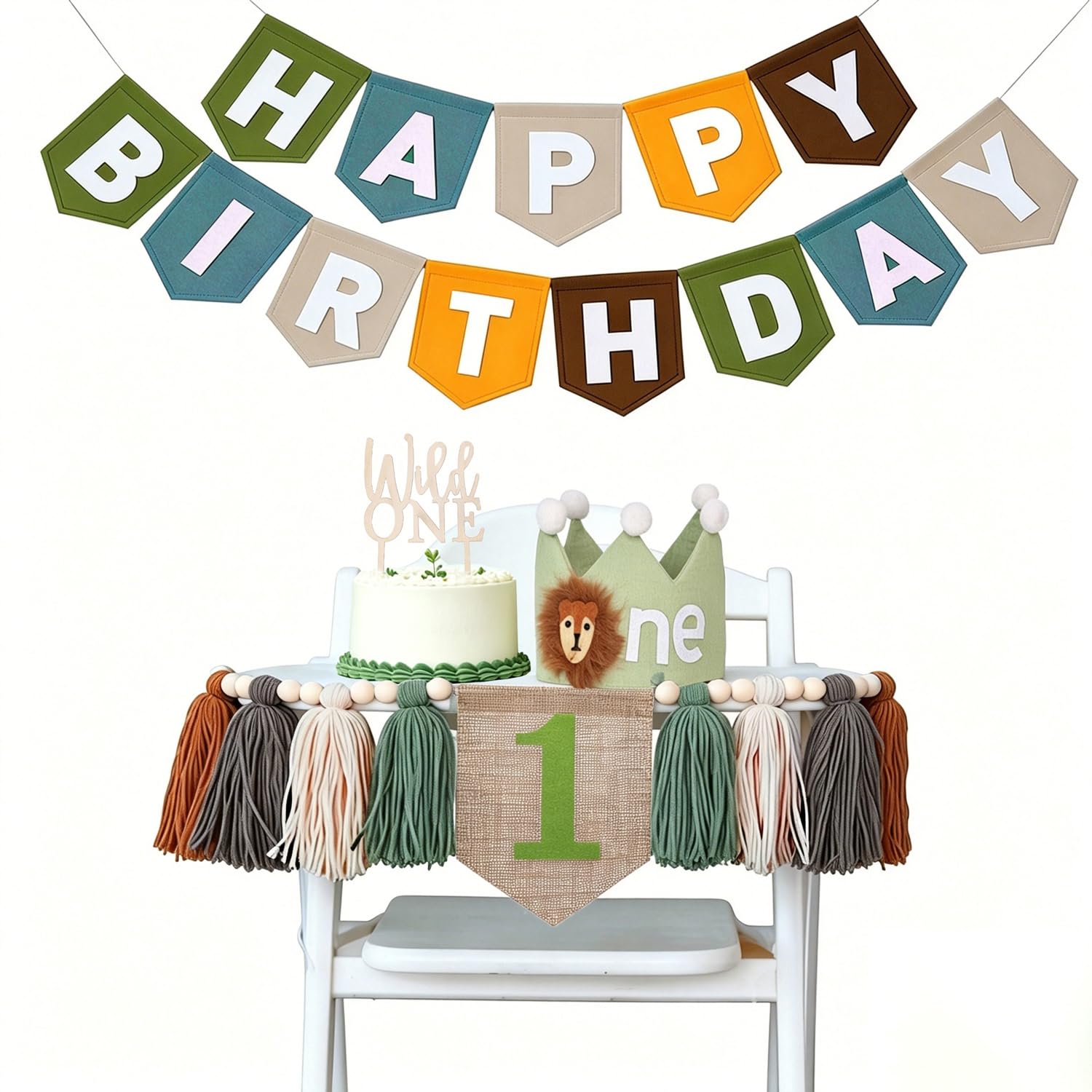 Wild One First Birthday Decorations For Boy-High Chair Banner First Birthday Boy Felt Happy Birthday Banner With Lion Crown, Wild One Highchair Banner Jungle Safari Birthday Party Decorations — image 1