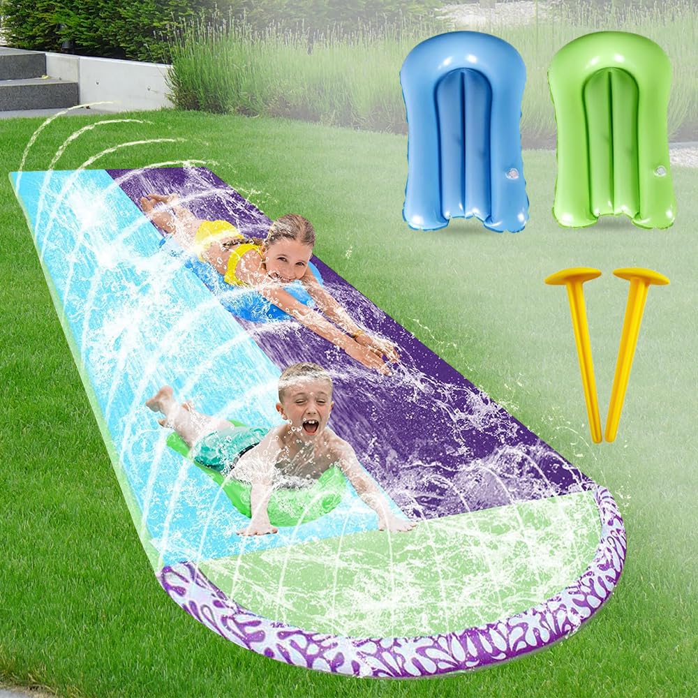 Hojalis Water Slide Mat 15.7ft/480cm, Slip Slide and 2 Bodyboards, Summer Lawn Slide,Double Waterslide