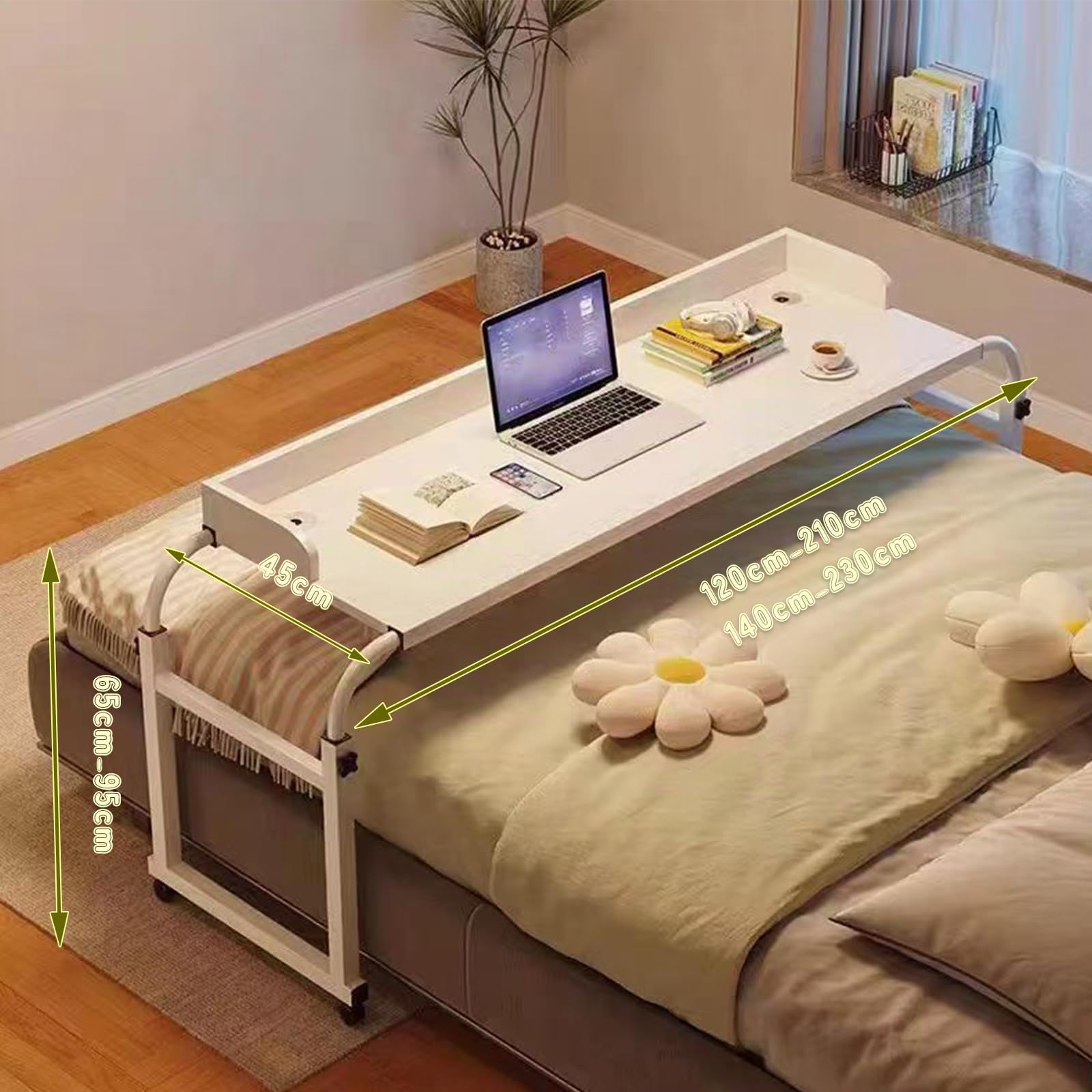 Genérico Mesa De Cama Móvil, Mesa Sobre Cama Con Ruedas, Marco De Acero Engrosado, Ajustable Hacia Arriba Y Hacia Abajo, Con Esquinas Redondeadas Para Evitar Golpes.120*45*65cm(Color: blanco)