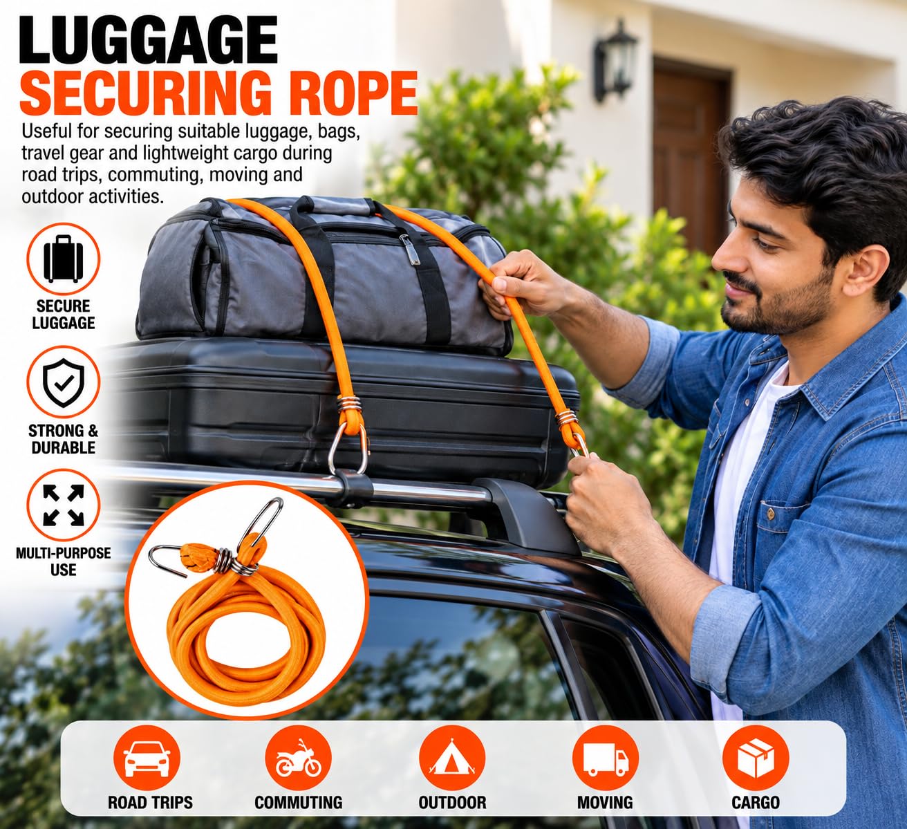 Gellon Bungee Cord, 6 Feet Stretchable Elastic Rope with Hooks, Extends Up to 9 Feet, Luggage Tying Rope for Bike, Car, Travel & Utility Pack of 1 — Amazon image 4