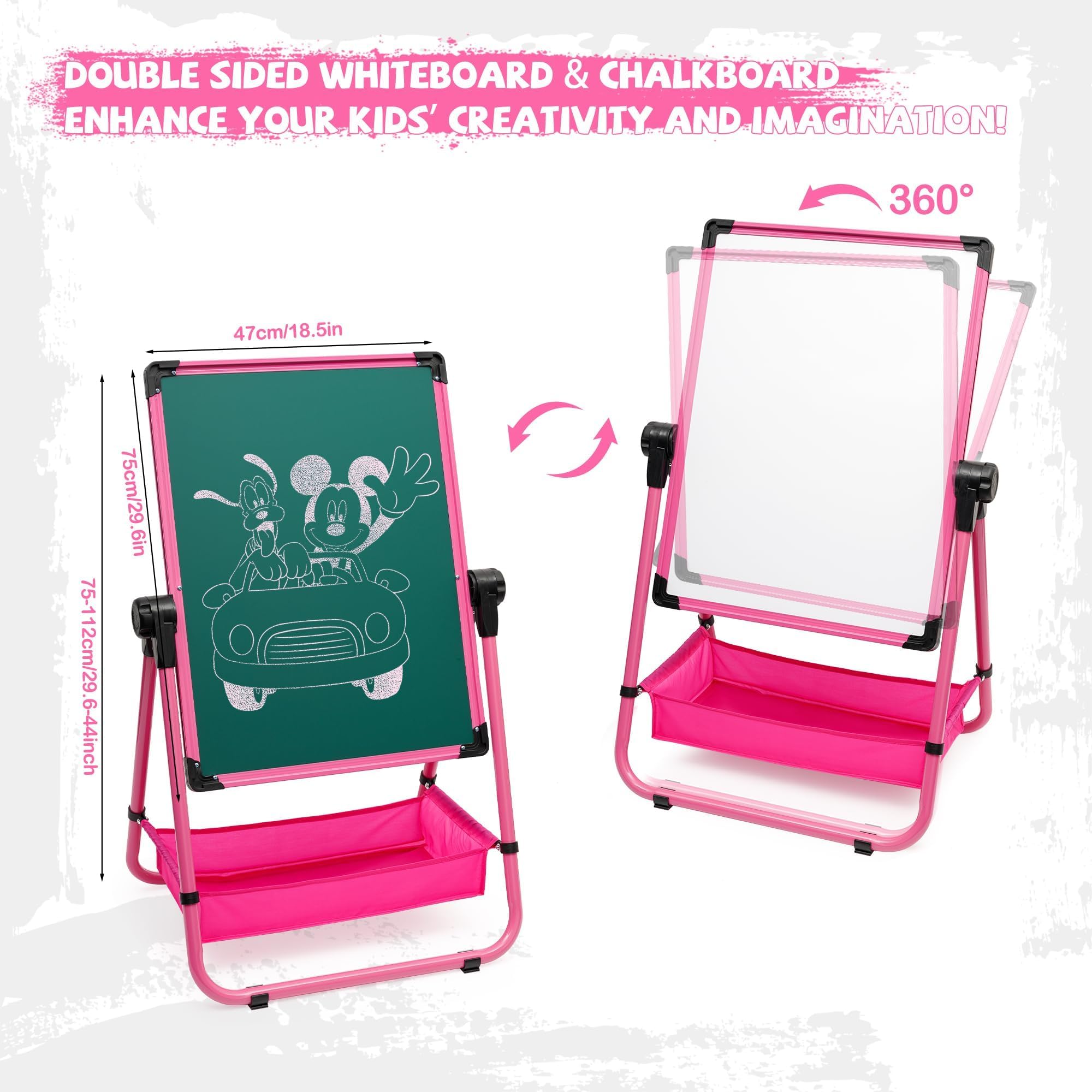 Lavagna Bambini con Cavalletto Pieghevole Lavagna per Bambini Double Face Regolabile in Altezza Girevole a 360° Cavalletto Pittura per Bambini 3 Anni Regalo per Ragazzi e Ragazze (Rosa)