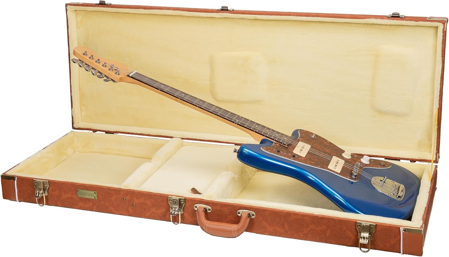 Crossrock Relief Series Jazzmaster/Jaguar Guitar Case for Offset Electric Guitars | Carved Red Wood Finish, Ivory Plush Interior, Lock – Premium Wooden Hardshell