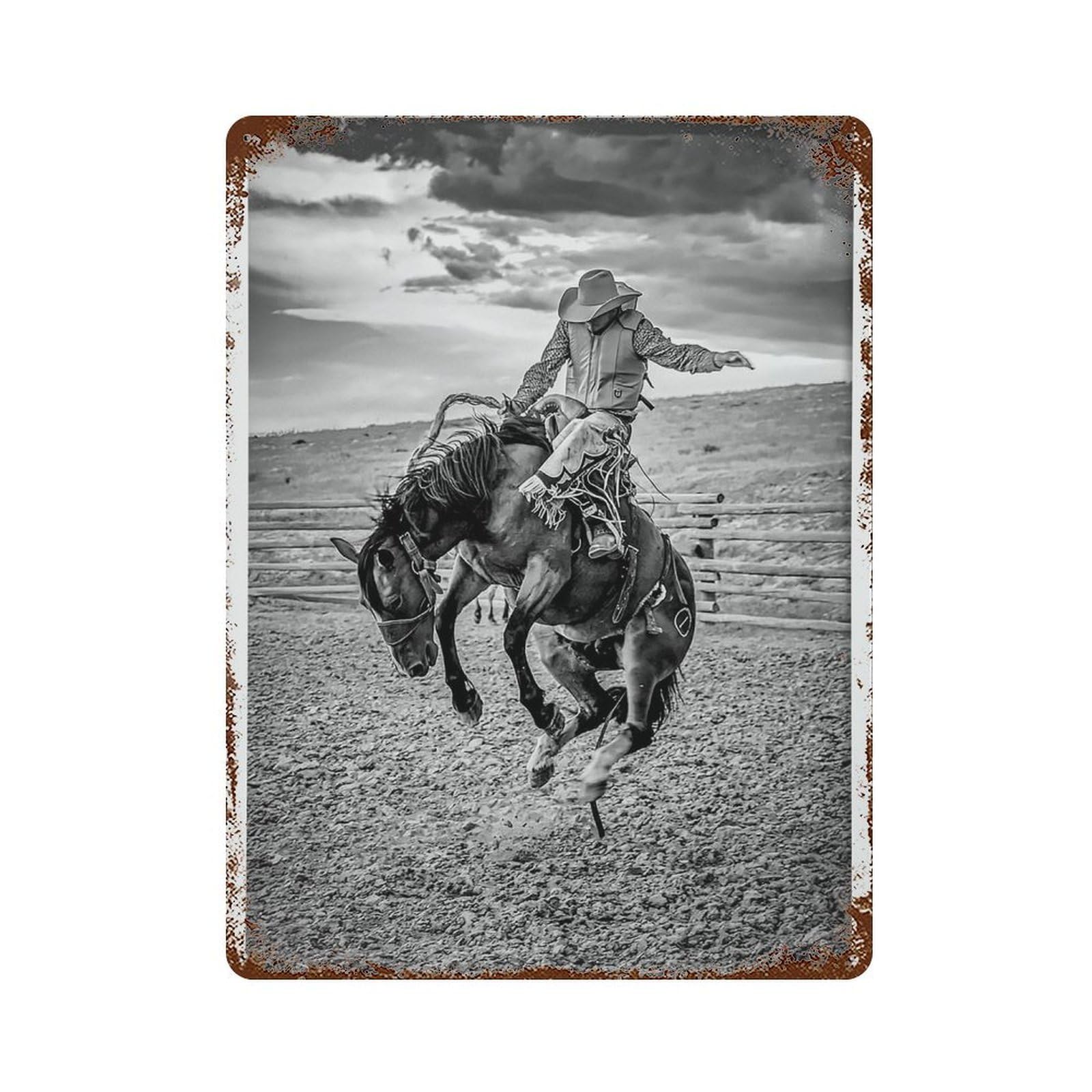 xiaoxiaoshen Cowboy on Bucking Horse Black And White Vintage Western Rustic Decor Wall Decor Art Metal Tin Poster Modern Home Decor Art Home Bar Shop Decorations Vintage Sign 40x30cm