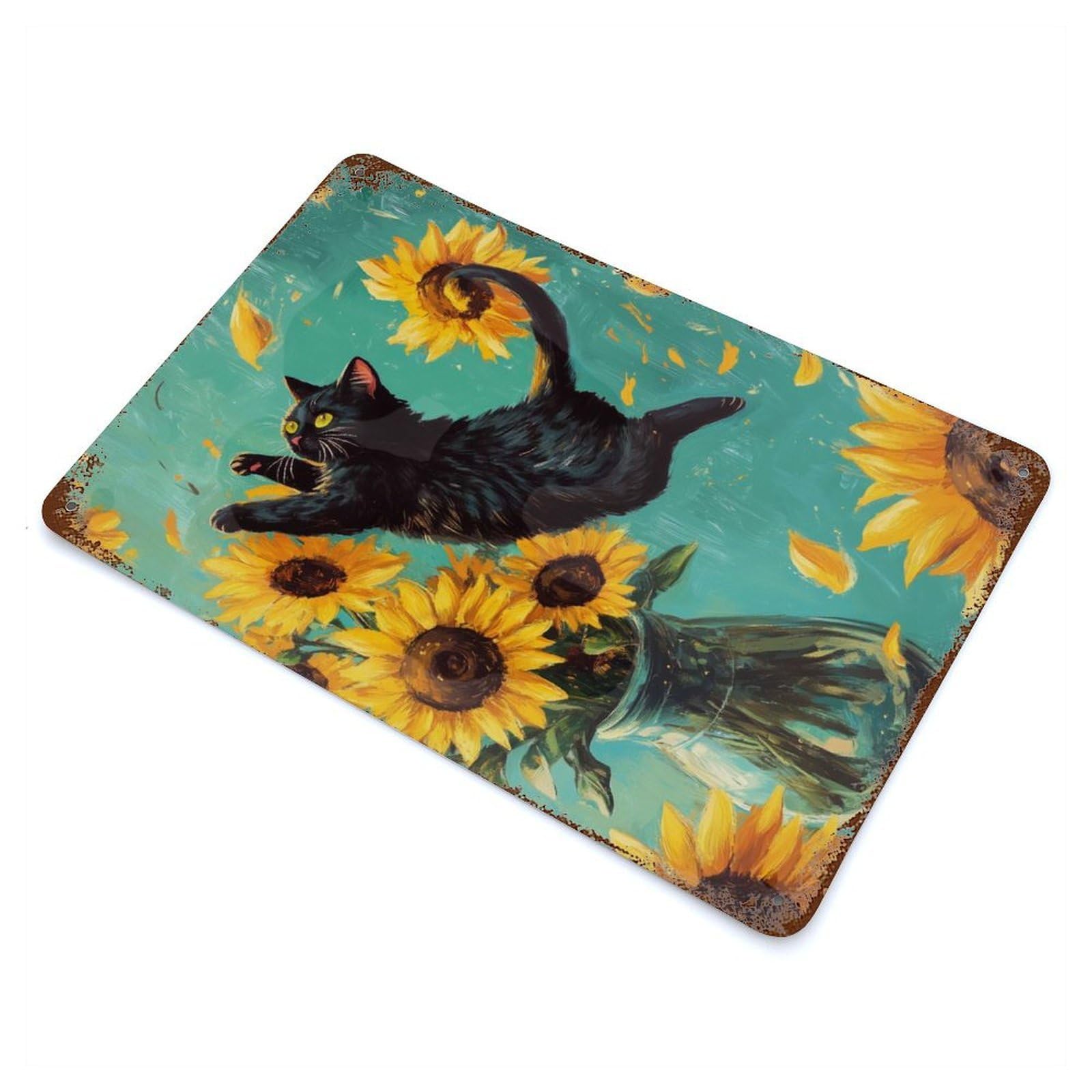 Vintage Rust Metal Sign with Black Cat And Sunflowers Design 11.8"x7.9", for Shed, Workshop And Garage Wall Decor, Retro Wall Decor