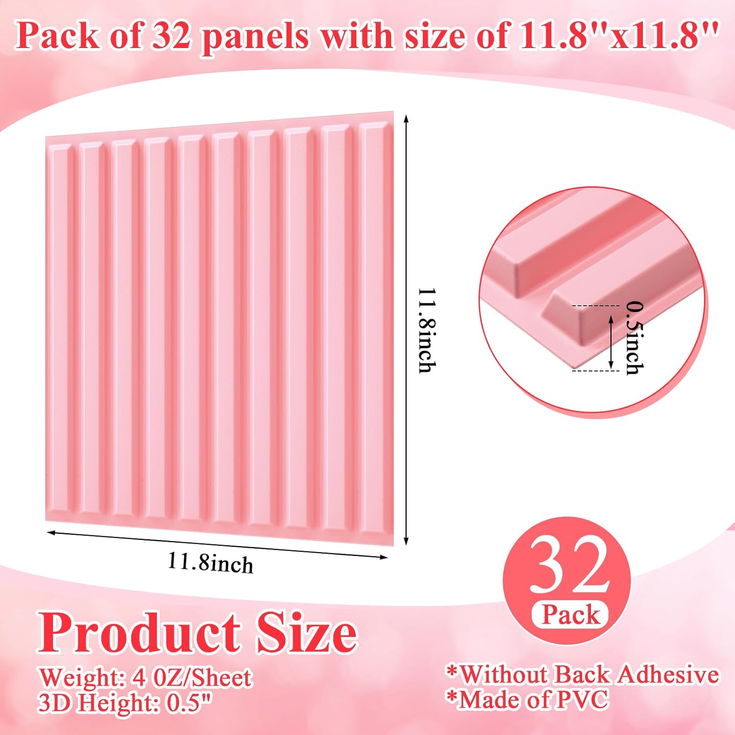 Nuanchu 32 Pcs 3D Slat Wall Panels, 12"x12" PVC Fluted Wall Paneling for Interior Decor, Paintable Waterproof Textured Tiles for Living Room TV Background Gaming Room, 32 Sq. ft Coverage (Pink)