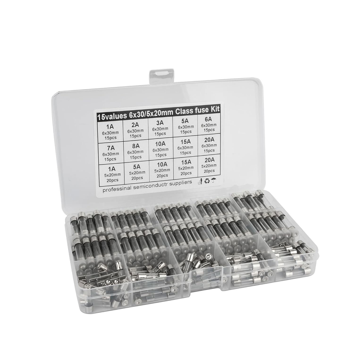 Fuse Kit,15 Values 250 Pcs Glass Fuses Assortment Kit ，5x20mm 250V 1 5 10 15 20A 6x30mm 250V 1 2 3 5 6 7 8 10 15 20A Fuses.