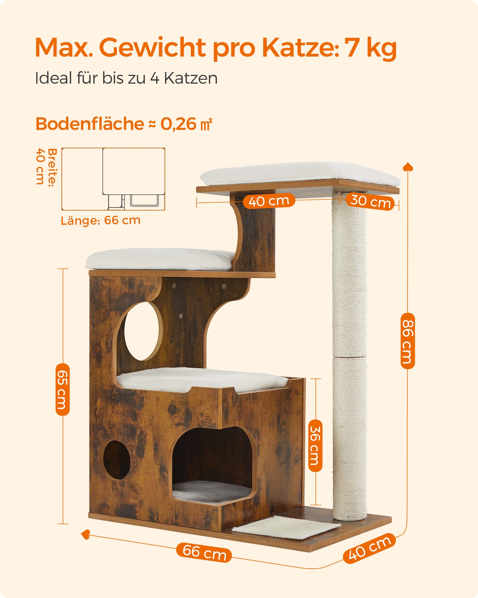 Feandrea Kratzbaum, 86 cm hoher Katzenbaum, Spanplatten-Katzenkratzbaum, mit Höhle, Liegeflächen, Säule und Sisal-Kratzmatte, waschbare Plüschkissen, vintagebraun PCT70HW