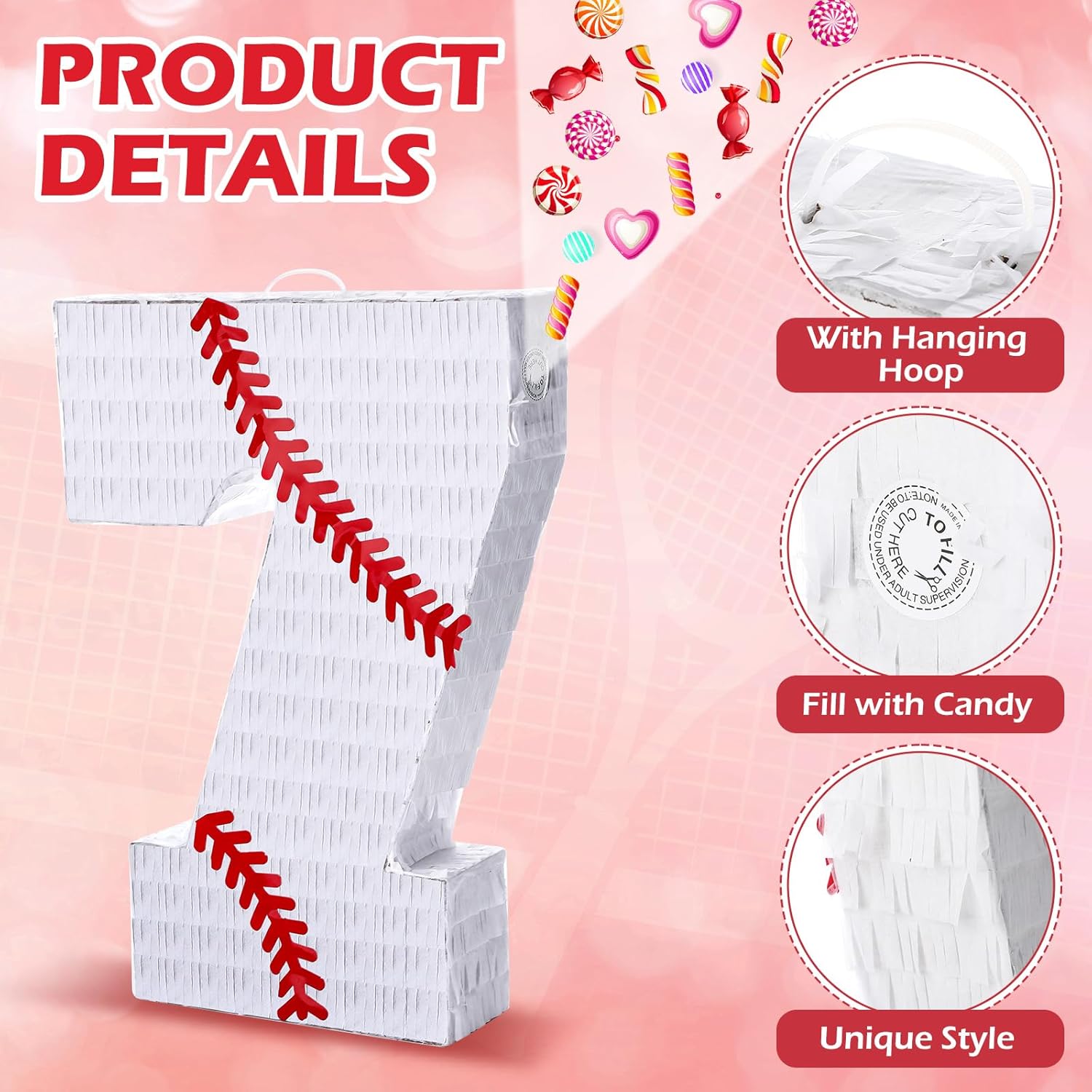 Poen Baseball Piñata with Blindfold, Stick, Confetti Sports Piñata for Kids Baseball Theme Birthday Party Decoration Supplies, 15 x 11 x 2.76 Inches(Number 7)