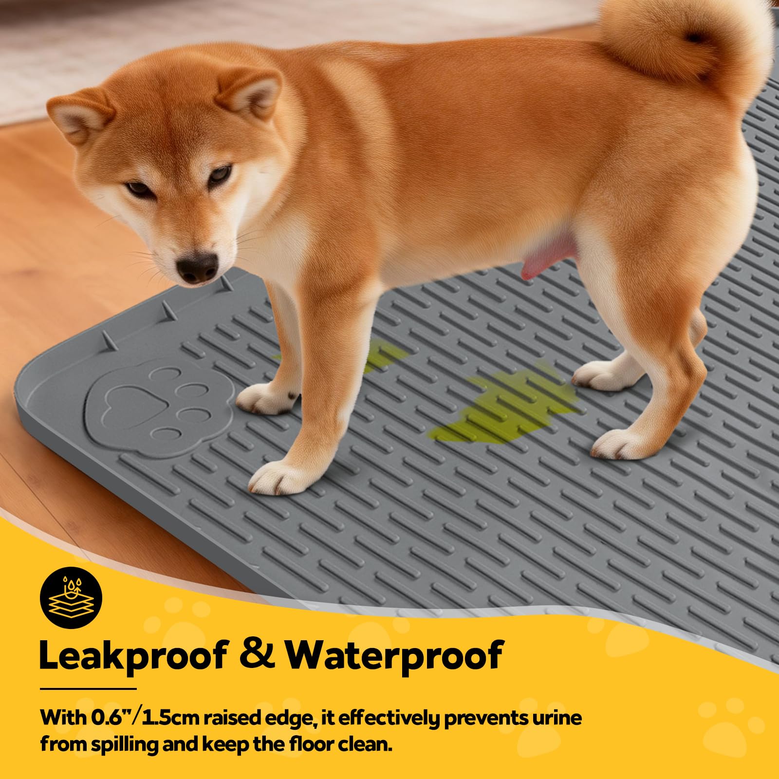 Tapis de boxe en silicone pour chien, tapis pour cages et chenil avec bord surélevé, tapis de lit pour chien, lavable, imperméable, anti-fuite, protège le sol (gris foncé, 132 x 88 cm)