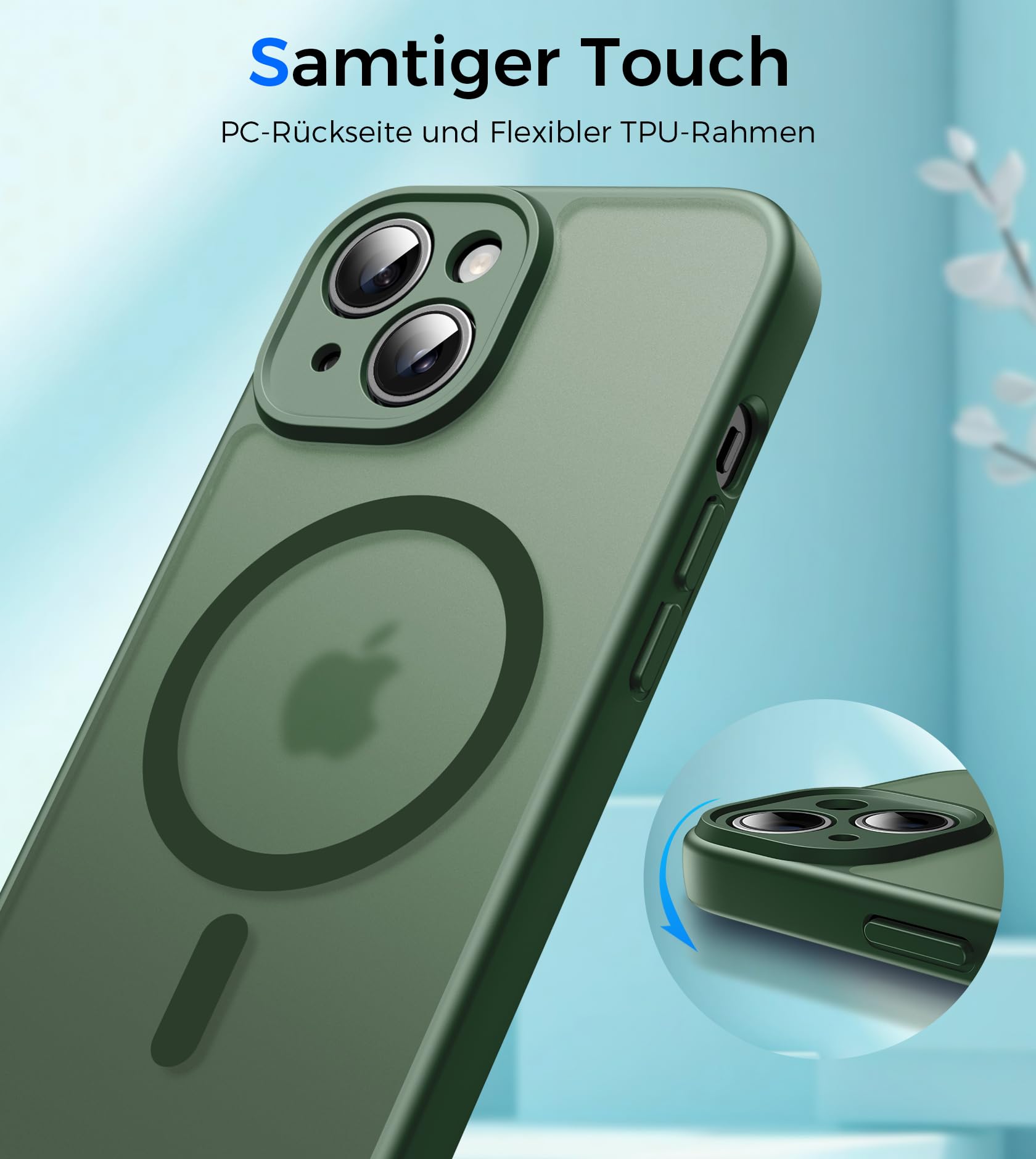 Natiiozie Cover Magnetica per iPhone 15 Compatibile con MagSafe, Protezione Fotocamera Integrata Antiurto, Traslucida Opaca Posteriore Protettiva Case iPhone 15 Custodia 6.1, Verde scuro