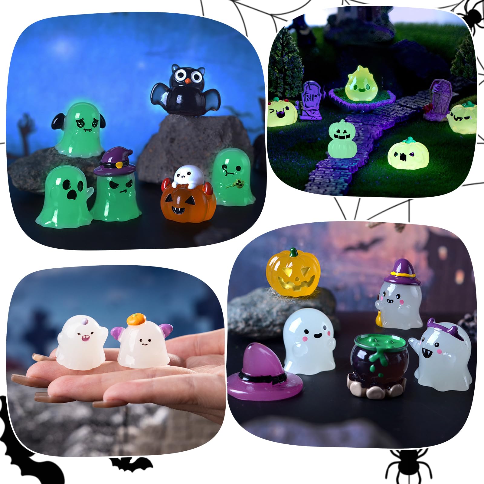 Booaee Świecące miniaturki na Halloween, 30 sztuk, świecące figurki na Halloween, świecąca dekoracja do użytku na zewnątrz, z nietoperzami, dynią, duchem, duchem, Halloween, dekoracja stołu, figurka