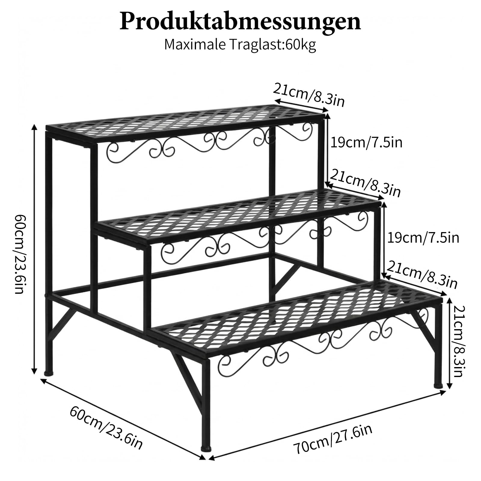 3-stöckige Metall Blumentreppe, Pflanzentreppe für Balkon Garten Wohnzimmer, wetterfestes Blumenregal als Deko, 70x60x60cm Schwarz