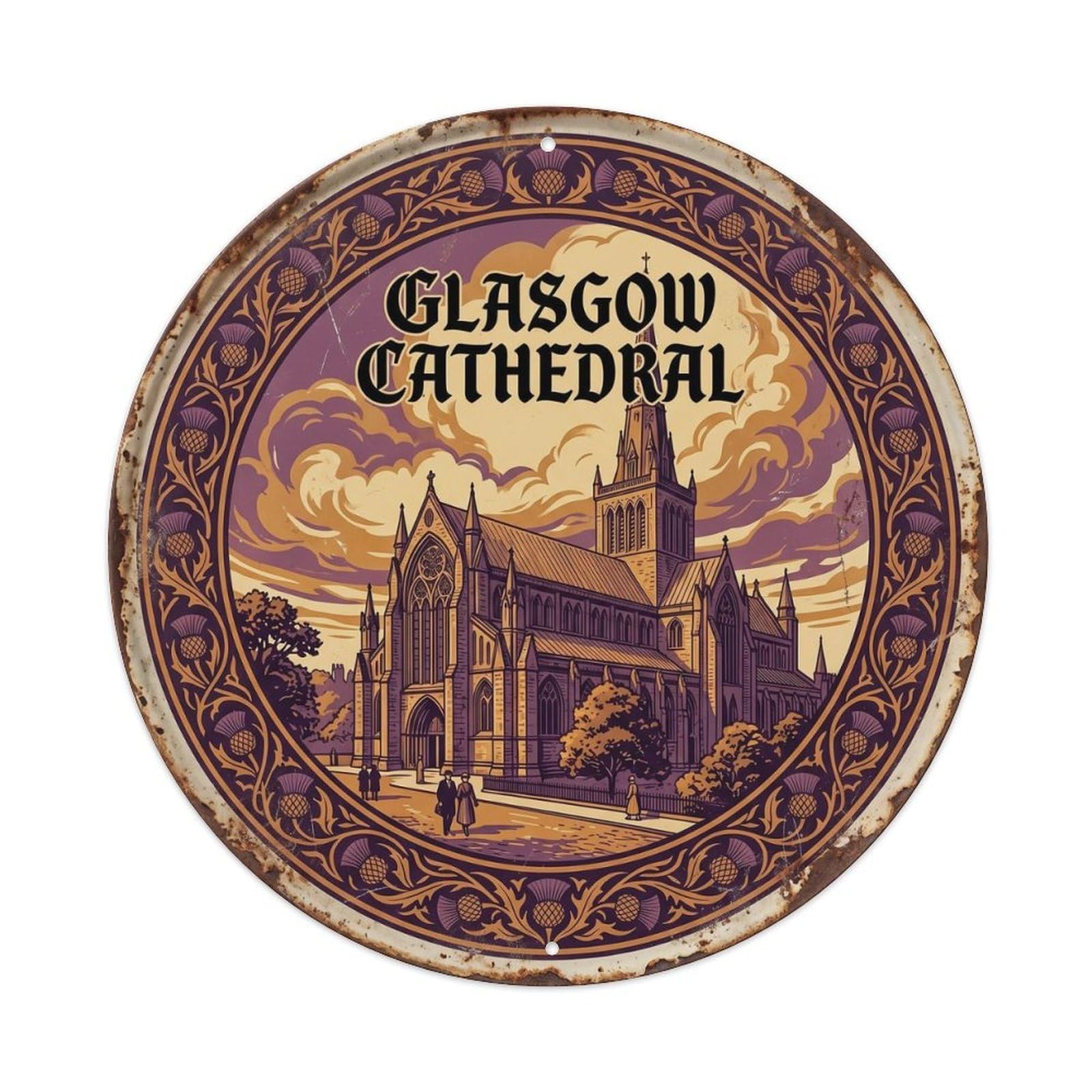 Vintage Travel Glasgow Cathedral Scotland Metal Tin Sign Plaque Wall Decor for Cafe, Club, Garden Round Metal Poster 8x8Inch