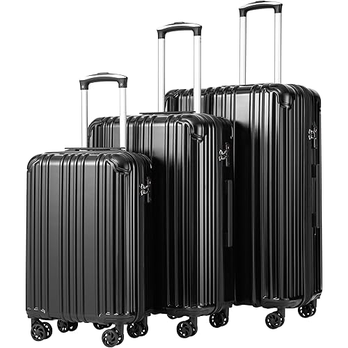 COOLIFE Luggage Expandable Suitcase PC+ABS 3 Piece Set with TSA Lock Spinner Carry on 20in24in28in(Black, 3 piece set)