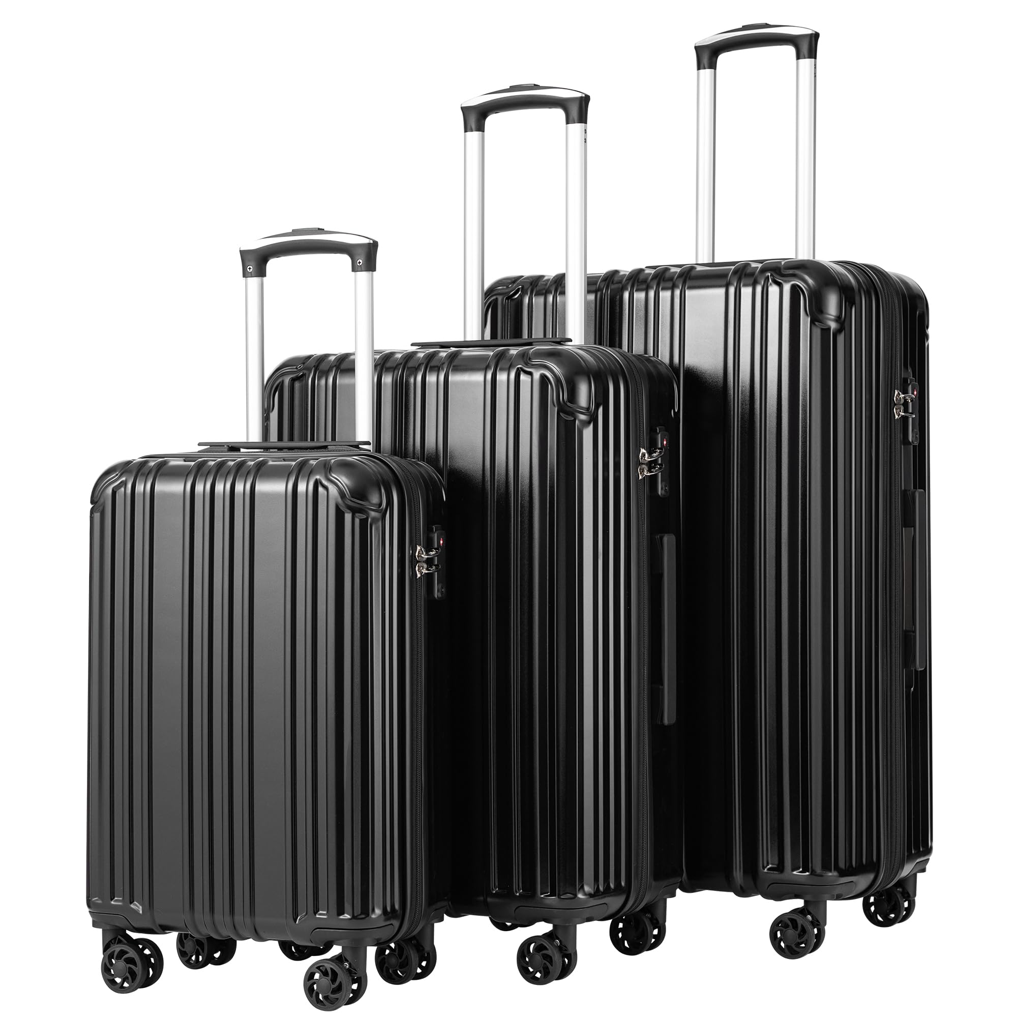 CoolifeLuggage Expandable Suitcase PC+ABS 3 Piece Set with TSA Lock Spinner Carry on 20in24in28in(Black, 3 piece set)