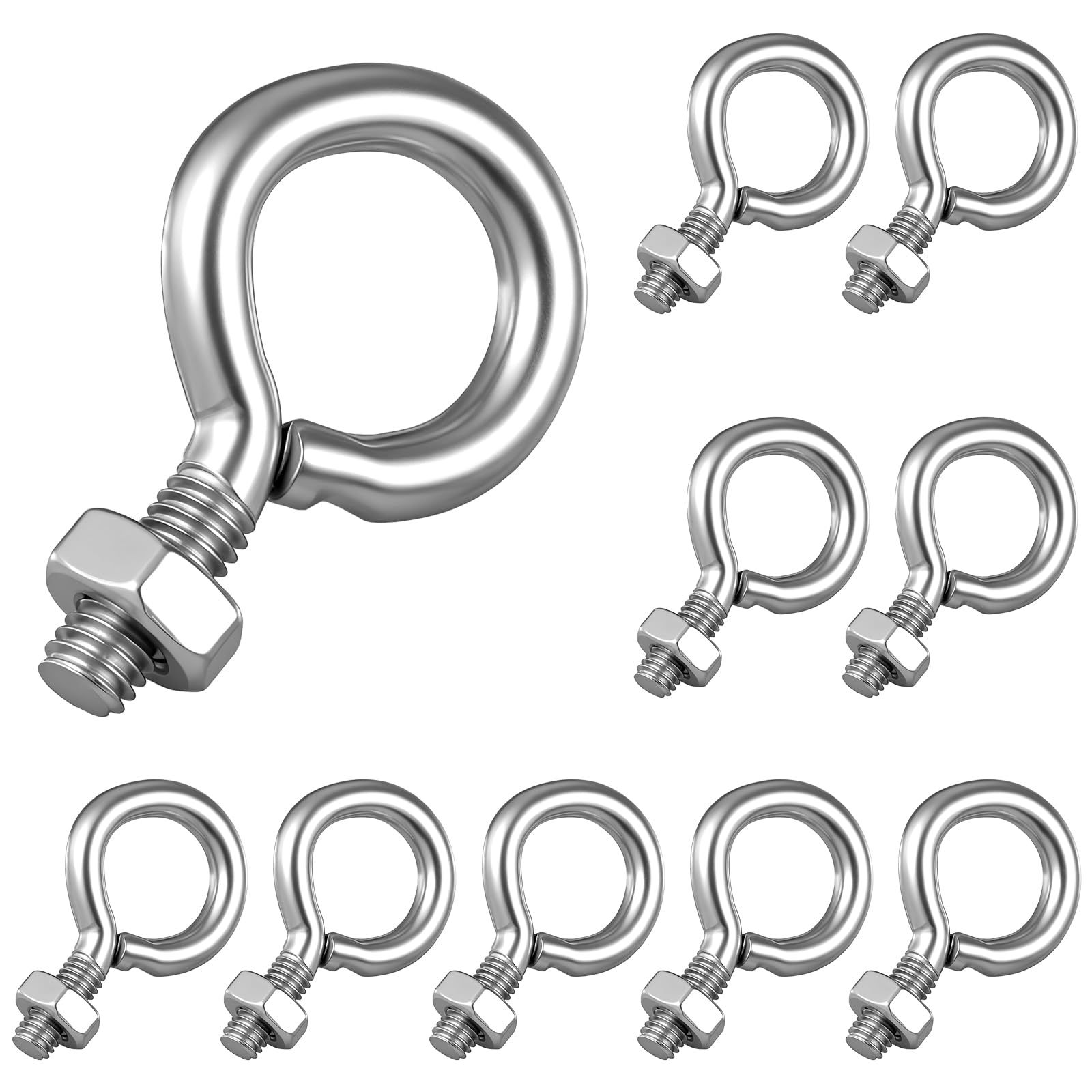 View 1 of 10 Pcs M3x8mm Stainless Steel Eye Bolts with Nuts, 304 Stainless Steel Threaded Screw Eyebolt Shoulder for Hanging or Securing Cables