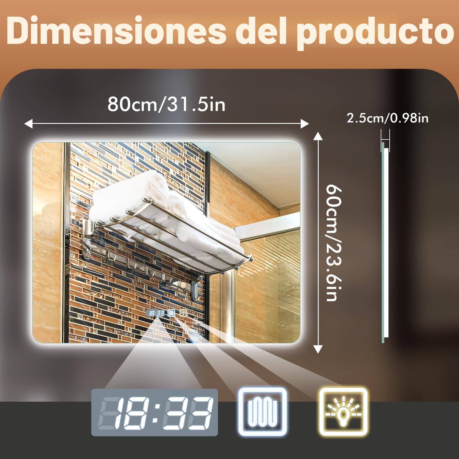 Sararoom Espejo Baño con Luz 80×60cm, Luces de Baño Espejos de pared con Reloj, Función Antivaho, 3000K/4000K/6500K, Regulable, Memoria, Cristal Templado HD, IP44 Espejos de Tocador LED Retroiluminado