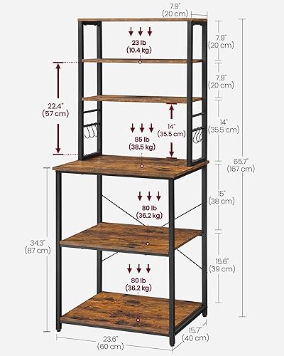 Miniatura 3 de VASAGLE Coffee Bar, 23.6 Inches Baker's Rack for Kitchen with Storage, 6-Tier Kitchen Shelves with 6 Hooks, Microwave Stand, Industrial, Rustic café
