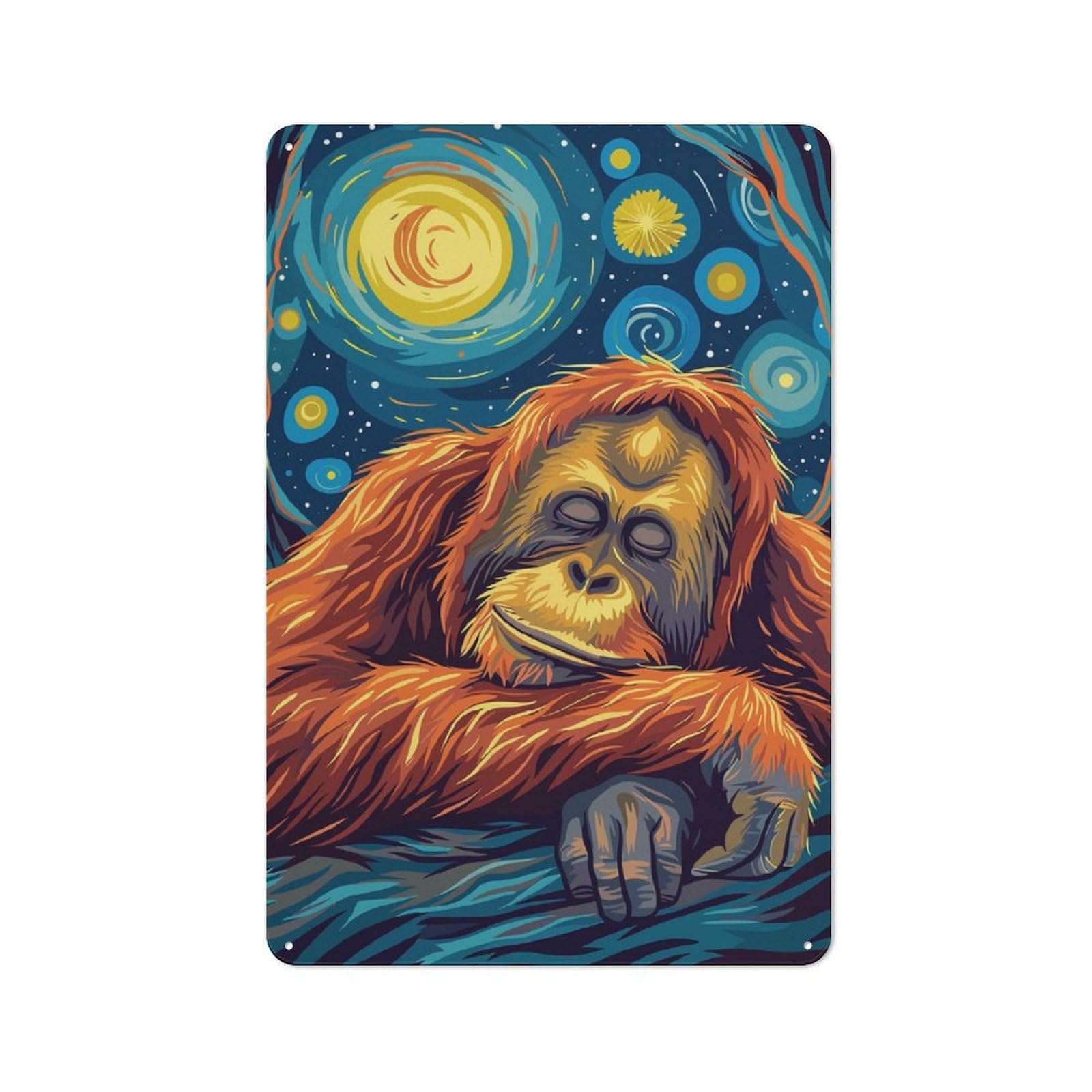 Junmoney Sleeping Orangutan Starry Night Art Printed Metal Sign 30X20cm For Café Or Restaurant, For Hospitality Interior Collectors