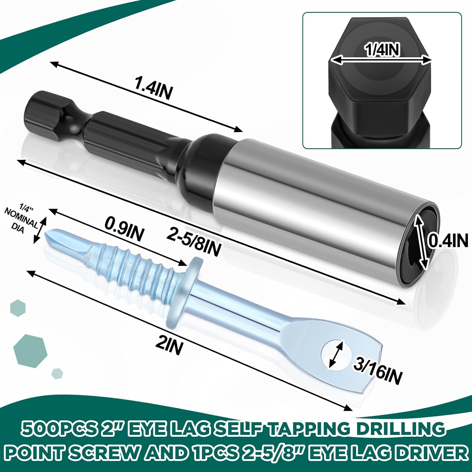 500 Pcs 2" Eye Lag Self Tapping Drilling Point Screw Zinc and 1pcs 2-5/8" Driver, Sturdy Eye Lag Self Drill Screw for Accommodates Jack Chain Ceiling Wire or Threaded Rod