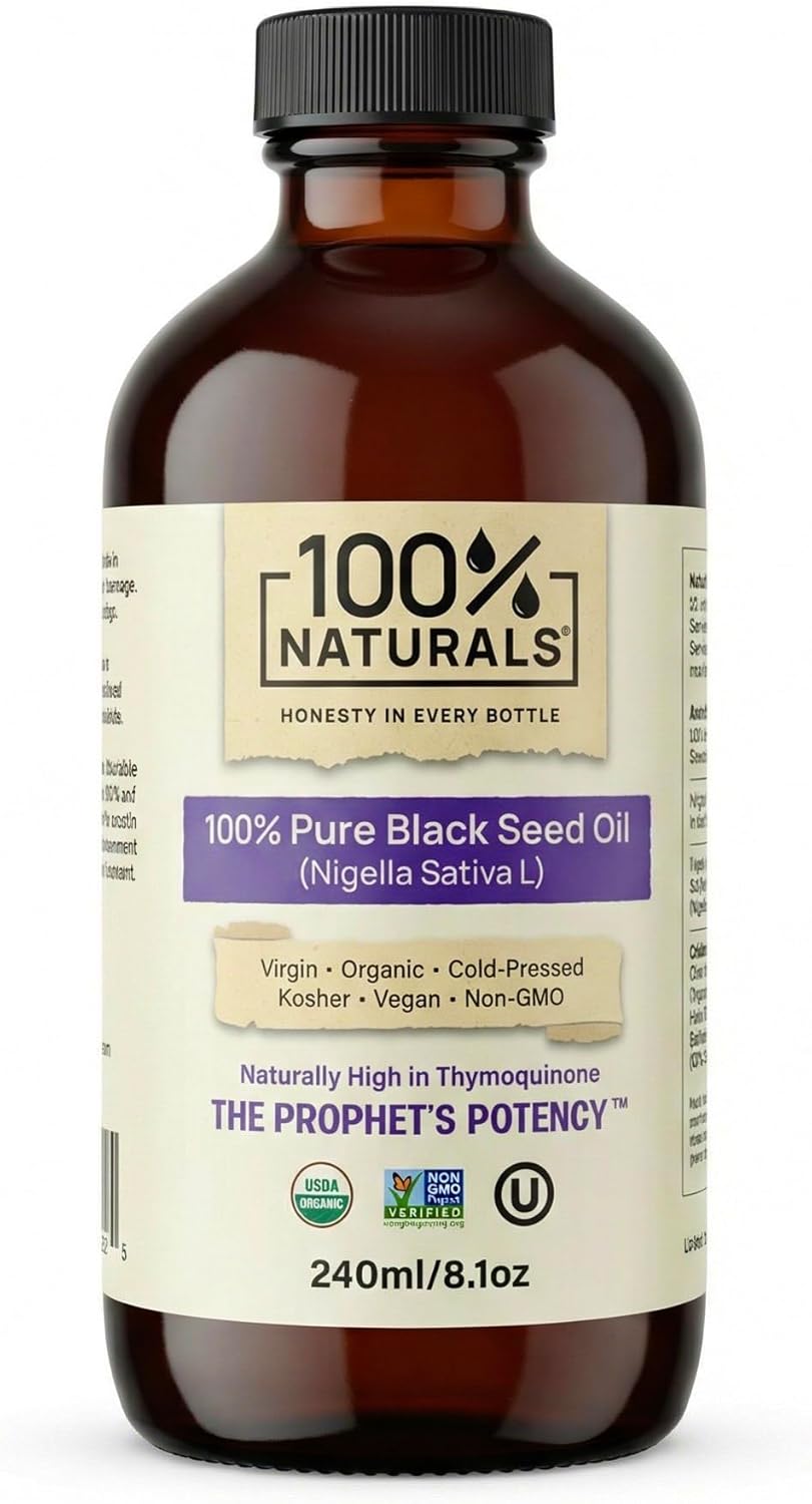 100% Naturals, Pure Virgin Organic Black Seed Oil (8oz Glass Premium Bottle) - Cold-Pressed Nigella Sativa Oil with Natural Antioxidants, High in Thymoquinone, Chemical-Free, Kosher, Non-GMO