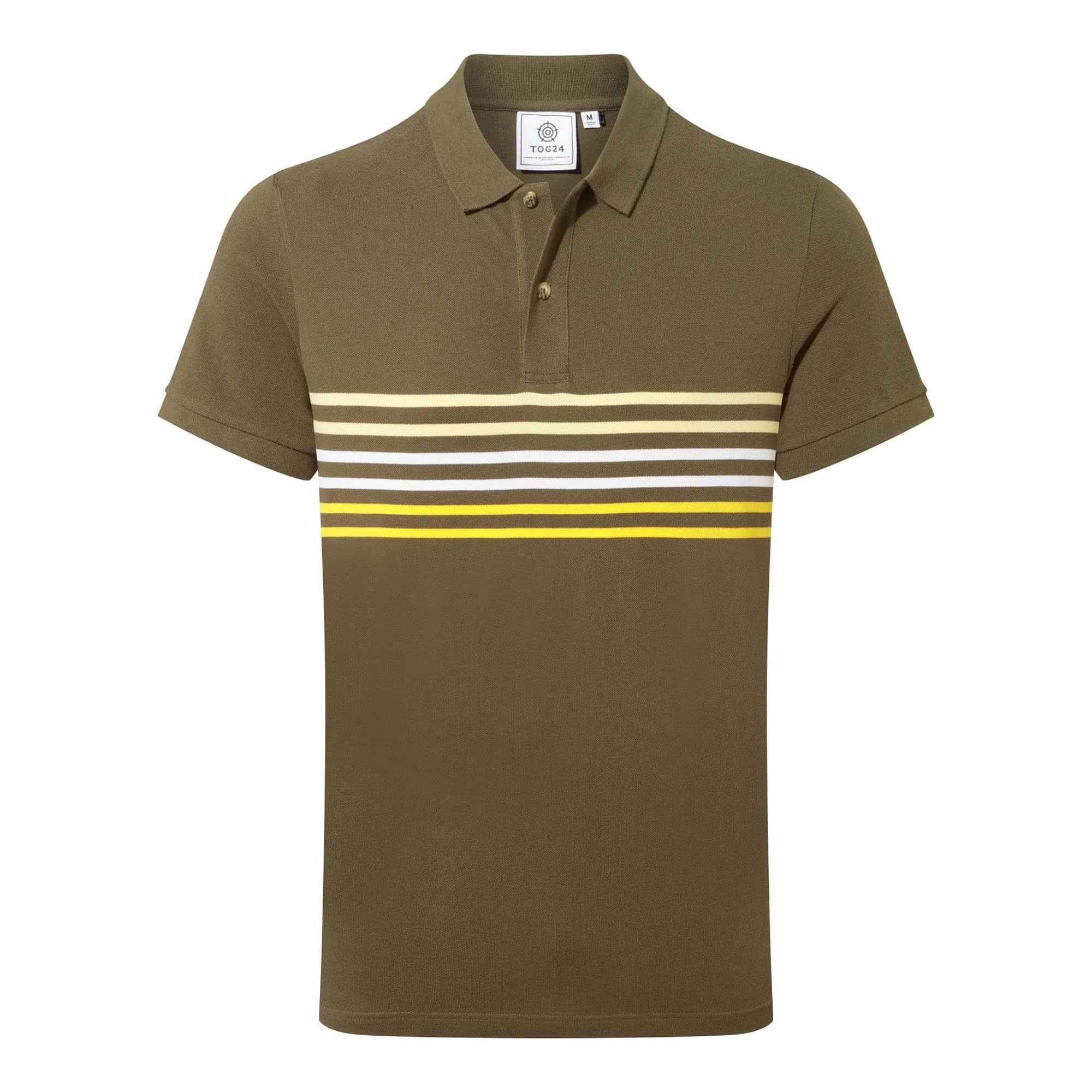 Tog24 Men's Khaki Bolton Polo Shirt. Classic Pique Polo Shirt With Eye-Catching Yarn Dyed Stripe Design. Ideal Polo Shirt For Work, For Home Or A Walk With The Dog Featuring Comfy Ribbed Collar & Cuffs