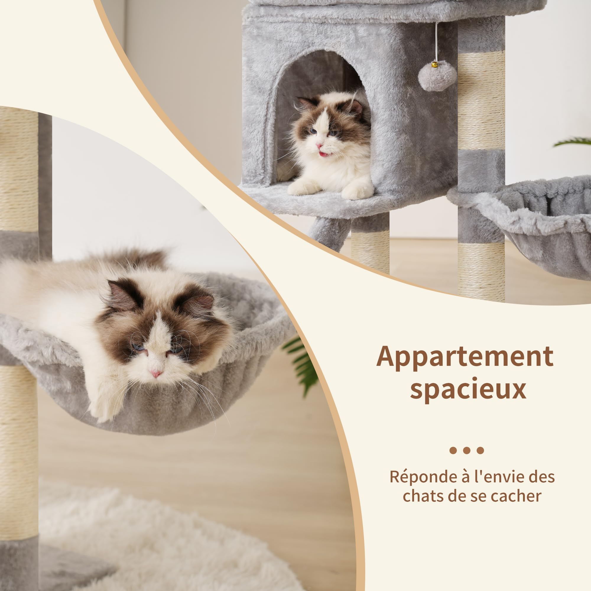 Heybly Arbre à Chat, Petit Griffoir pour Chat de 75 cm de Hauteur avec Plateforme Supérieure, Tanière, Hamac, Échelle d'escalade, Jouets Félins, Meuble pour Chats, Gris Clair HCT009SW