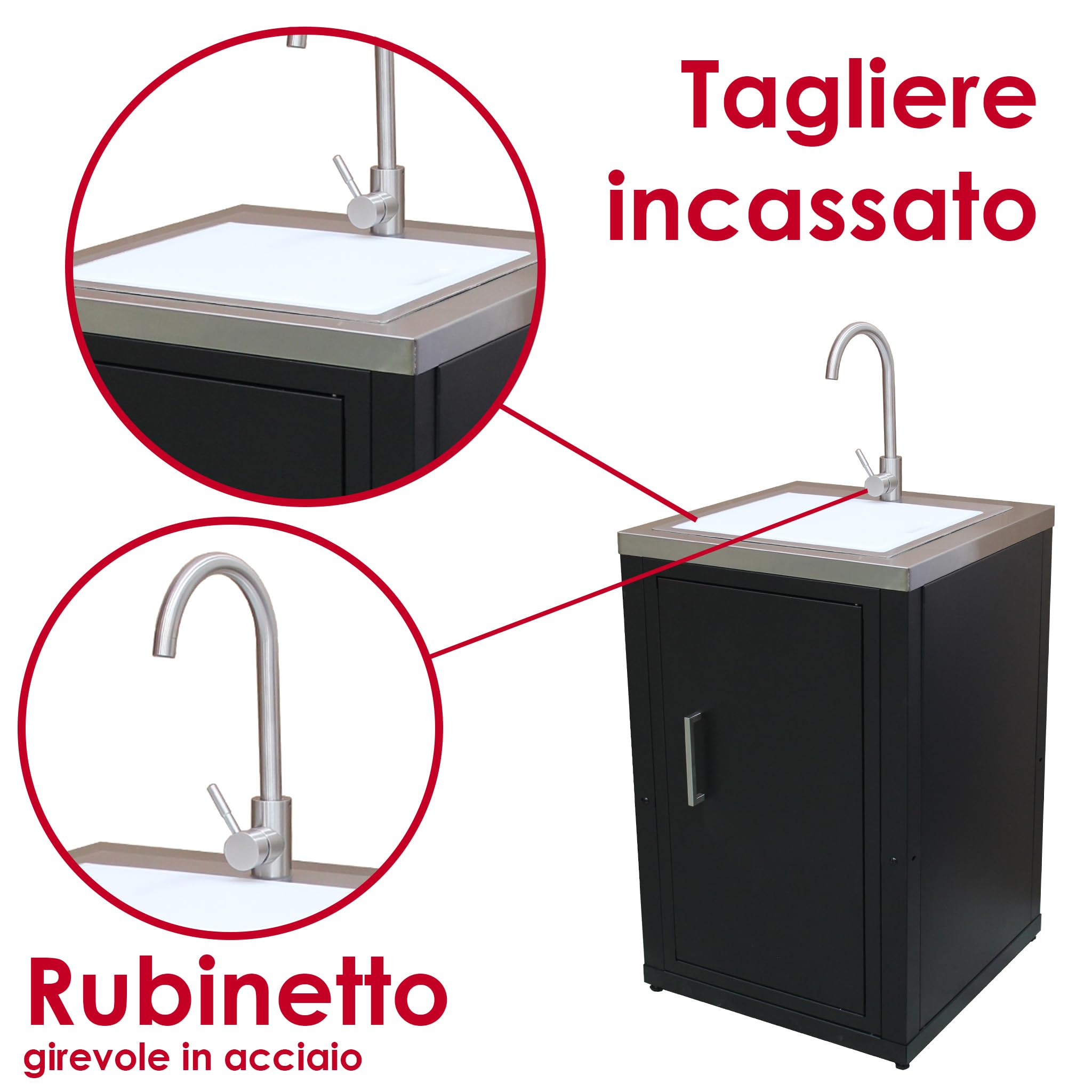 Set Cucina da Esterno a Gas 2 Elementi con Lavello Rubinetto e tagliere incassato - Struttura in Acciaio e Piano in Acciaio Inox - Nero
