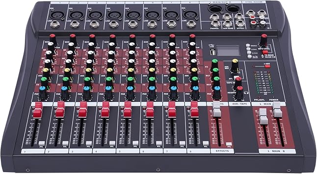 8-Channel Audio Mixer, DJ Bluetooth Mixer, Professional Mixer for Recording DJ Stage Karaoke Music, USB Computer MP3 Input 48V Phantom Power Stereo