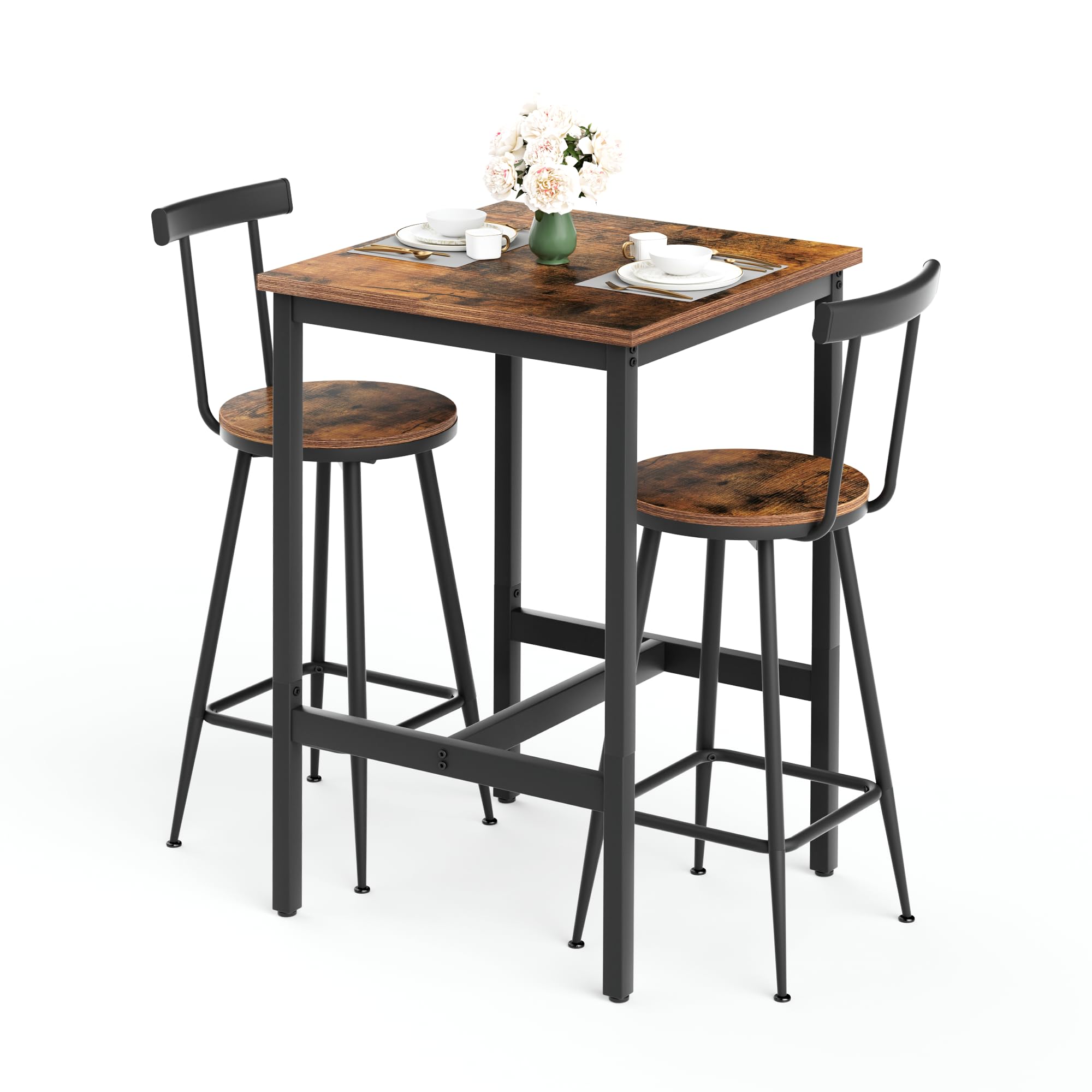 Set Tavolo da Bar e 2 Sgabelli in Acciaio, Cucina, Marrone Rustico, 3 Pezzi