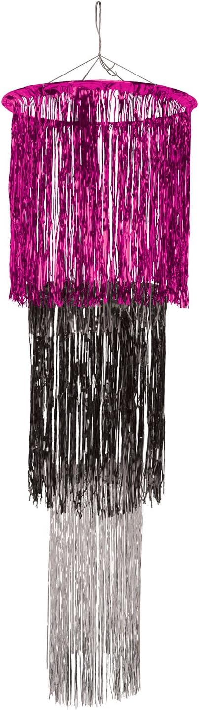 Beistle Metallic Curtains for Parties, 3 Tier Metallic Fringe Chandelier Pink, Silver, Black 4 Feet, Pack 6