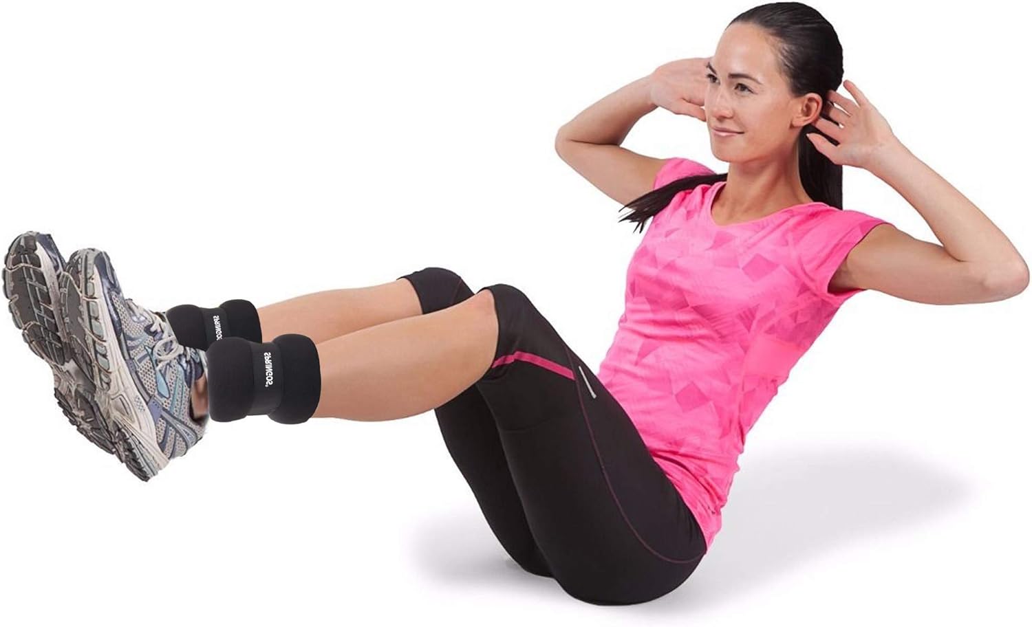 Woman performing crunches with ankle weights