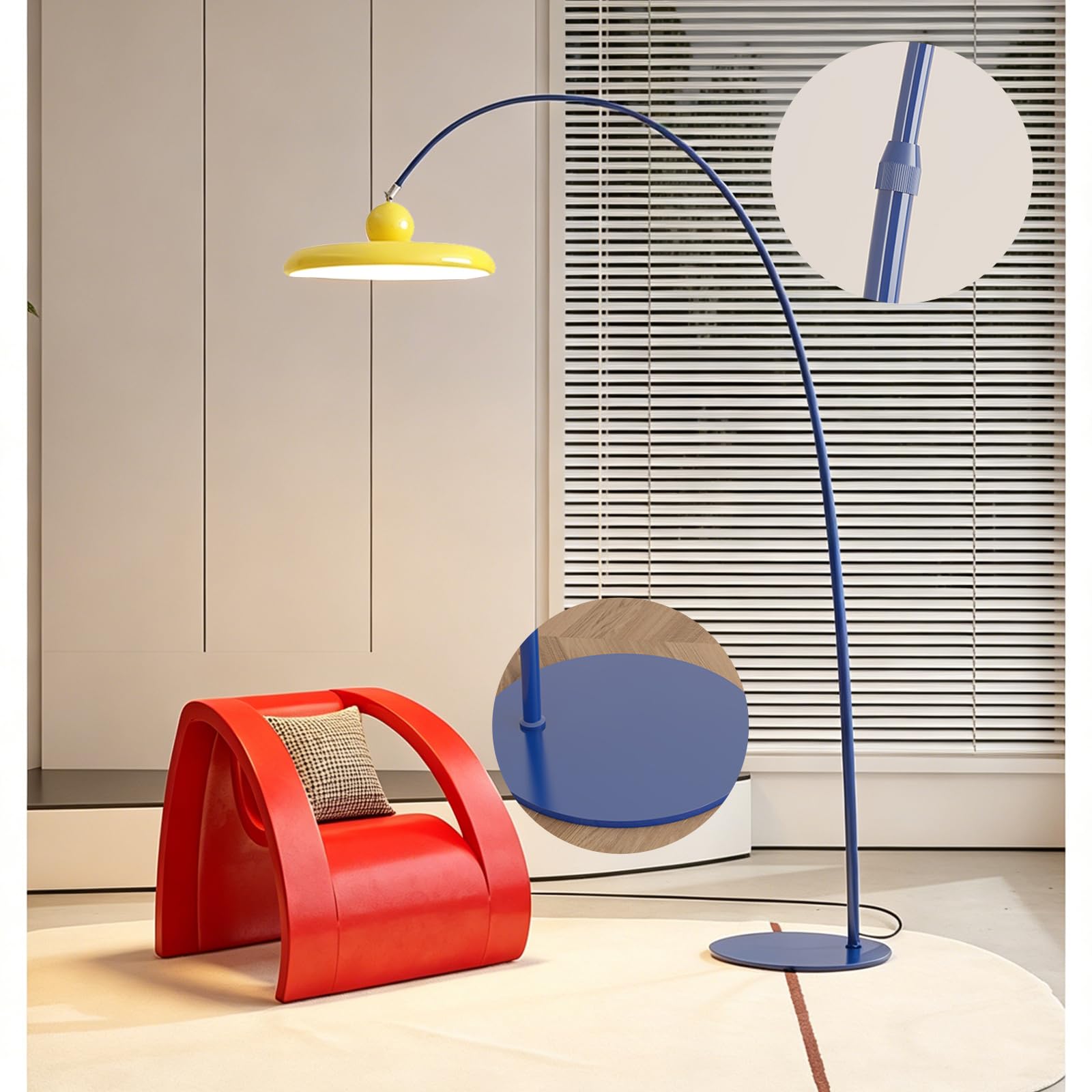Lampada da terra ad arco moderna, lampada da terra colorata con LED da 32W, paralume giallo, altezza regolabile e interruttore a pedale, lampada da terra dimmerabile per soggiorno, lettura