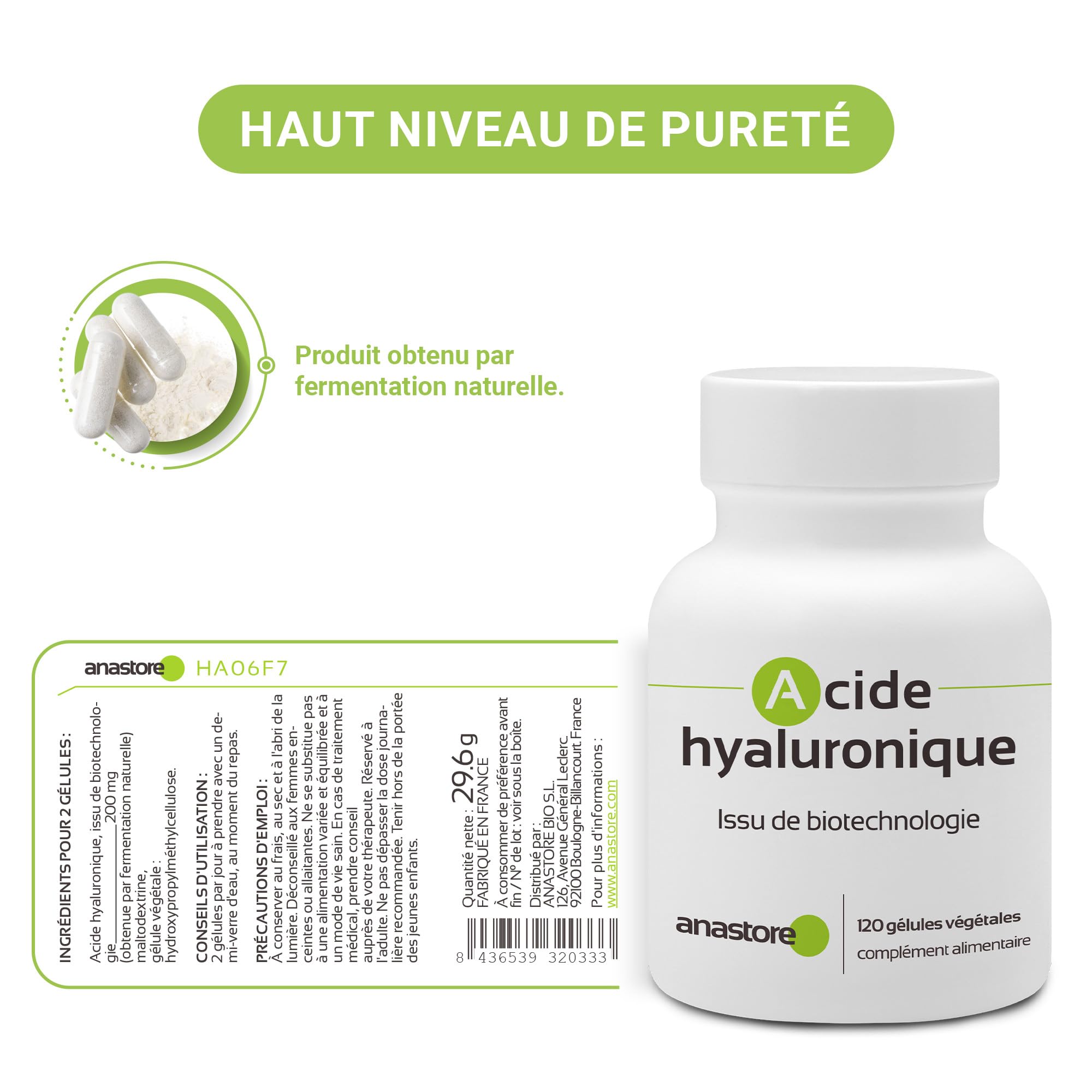 Acide hyaluronique - 100 mg / 120 gélules végétales - Pureté garantie 90% minimum - Un composant naturel qui lutte contre le vieillissement de la peau et les problèmes d'articulation