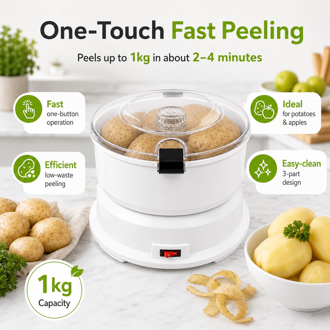 Éplucheur électrique de pommes de terre 1 kg avec fonctionnement automatique One-Touch