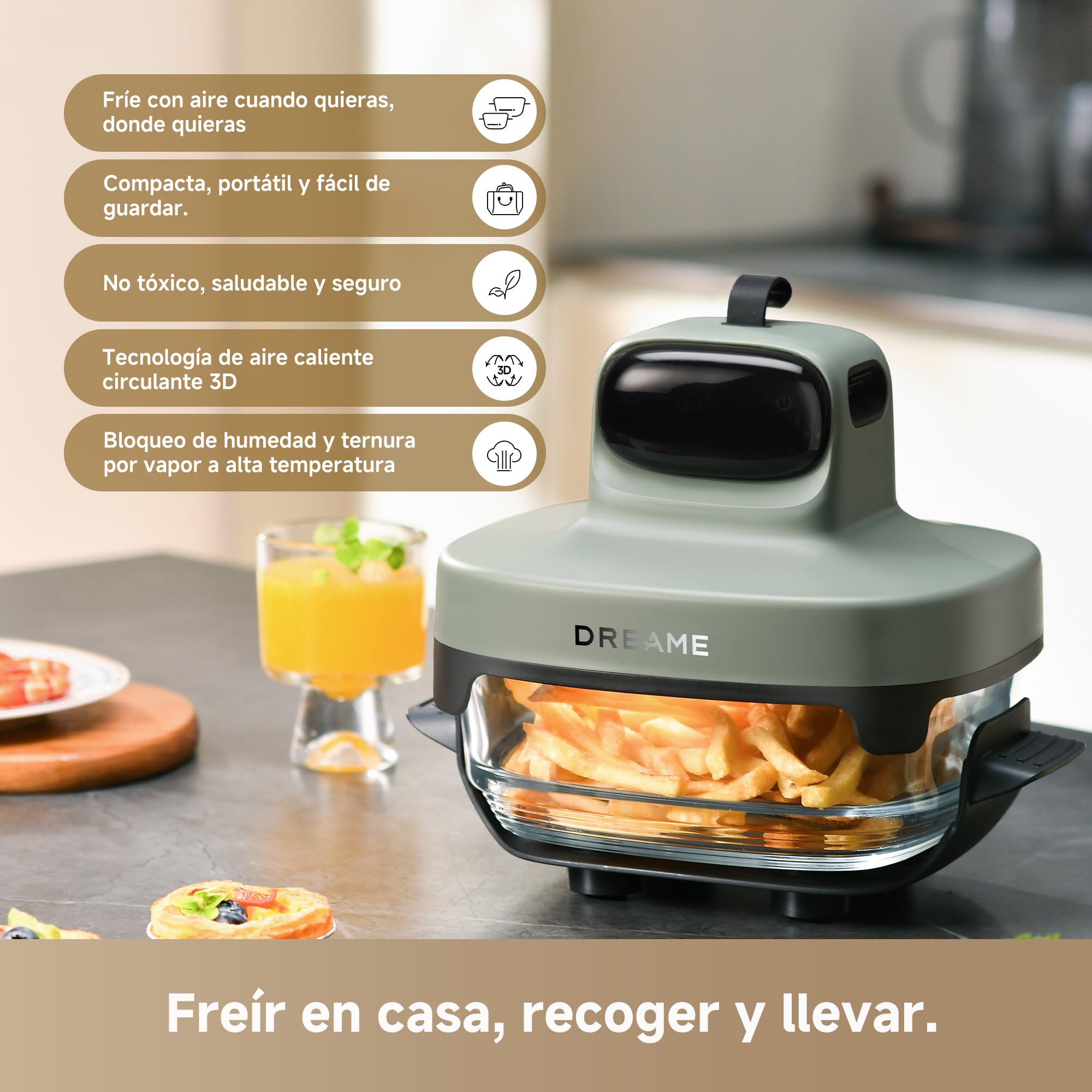 DREAME Tasti Freidora De Aire De Vidrio Portátil 5-1, 2 Ollas (2,5 L + 4,5 L), Cristal Borosilicato 6 mm, Aire Caliente 3D, Apta Lavavajillas, Vista Panorámica 360°, Desmontable