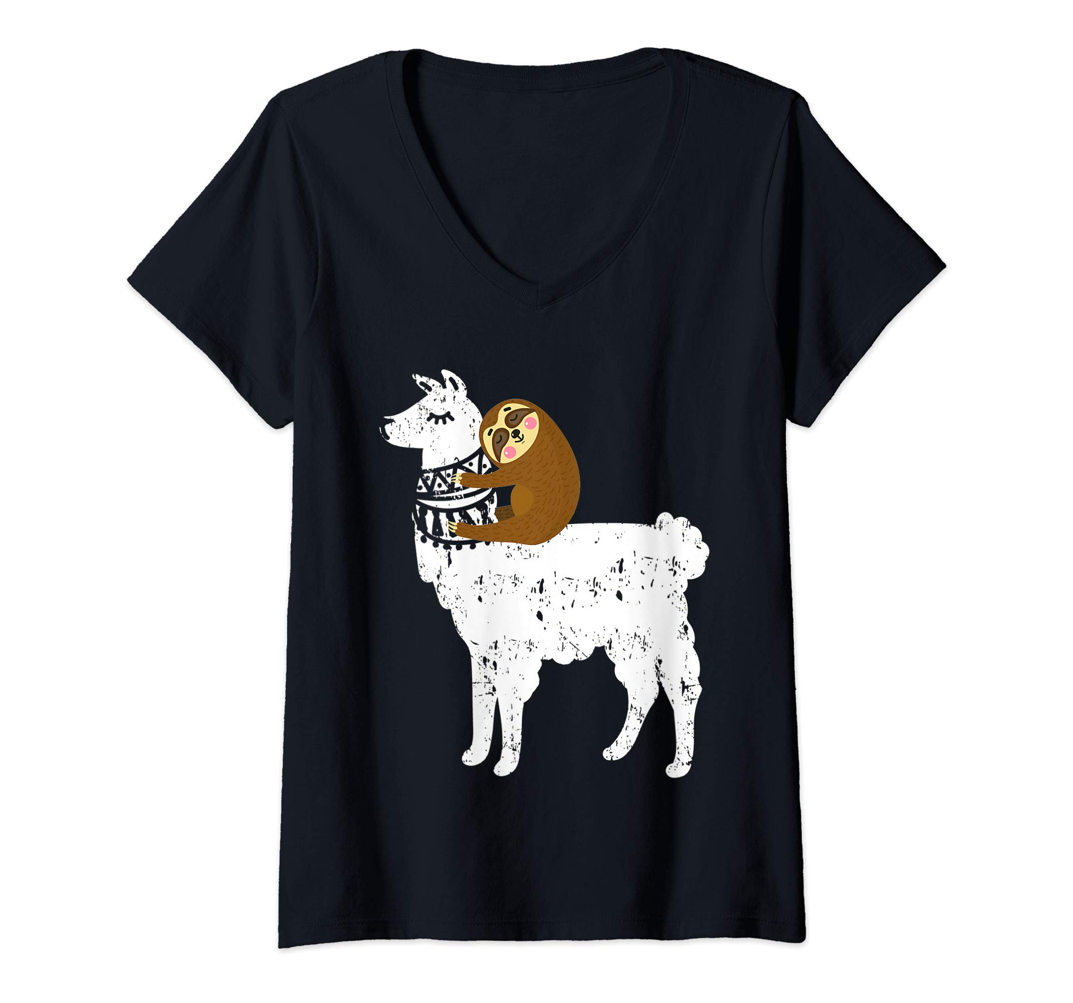 2Tees Sloth Riding LlamaWomens Funny Fluffy Animal Sloth Riding Llama Shirt Gifts for Kids V-Neck T-Shirt