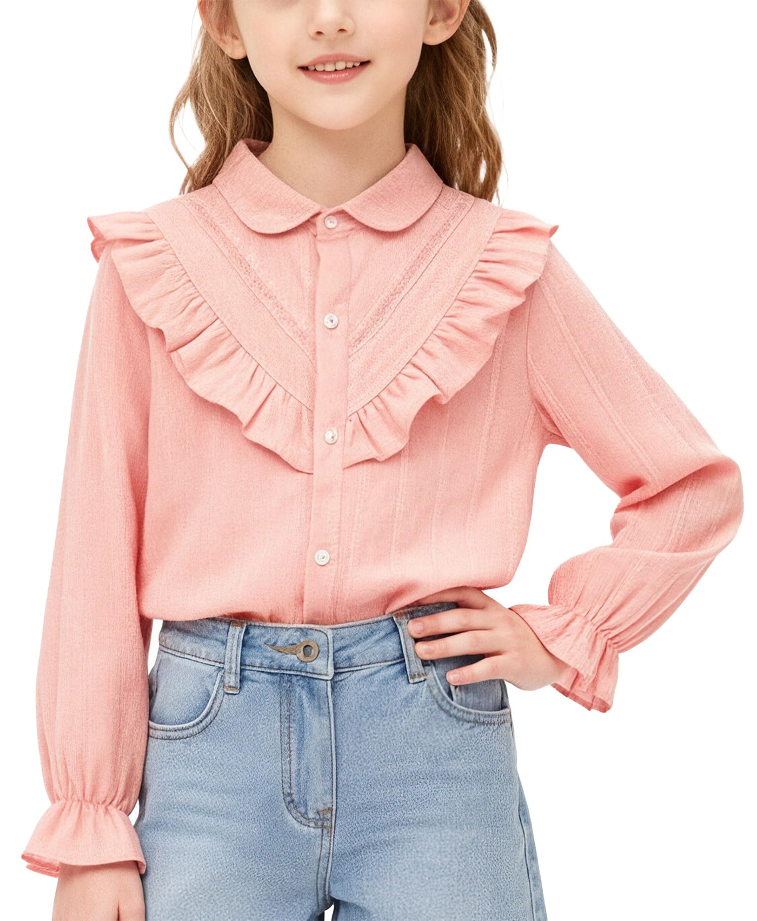 Happy Cherry - Camicetta da bambina a maniche lunghe, con bottoni, in cotone, casual, con volant, decorazione graziosa, a balze, a maniche lunghe, per primavera, estate, autunno, 4-13 anni