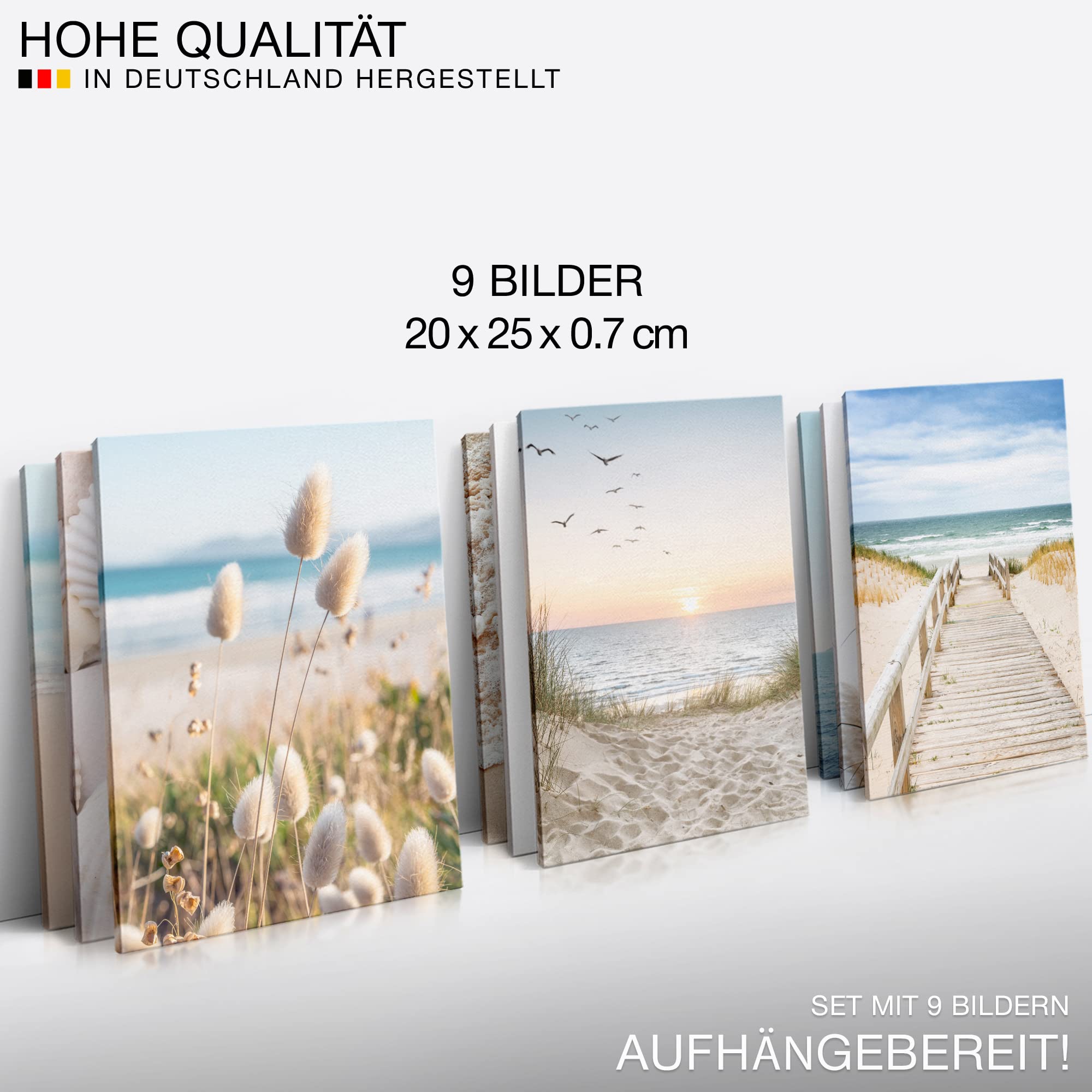 Novart Muurschilderingen, strand, zee, boho, compleet klaar om op te hangen, blauw, beige, woonkamer, slaapkamer, hal, 7 moderne mood-afbeeldingen, N034771b