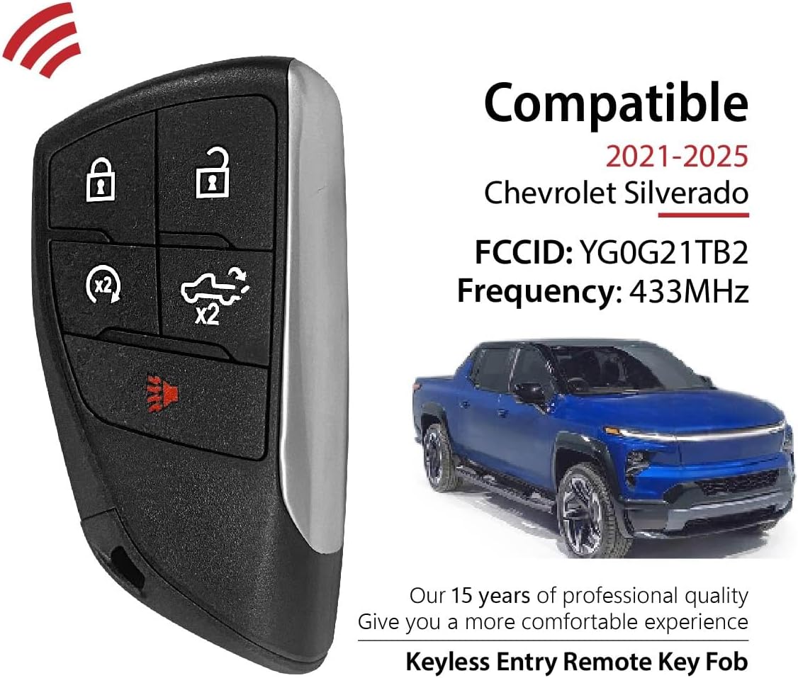 2 Keylessbest Replacement for 2021 2022 2023 2024 2025 Chevrolet Silverado Key Fob Remote Control YG0G21TB2 5 Buttons 433MHz