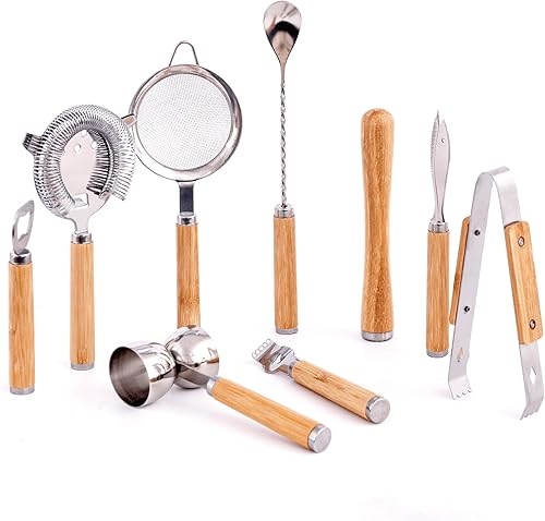 JNWINOG Kit de barman de 9 piezas, juego de herramientas de bar, coctelera con mango de madera, barra de mezcla de bebidas, herramientas para