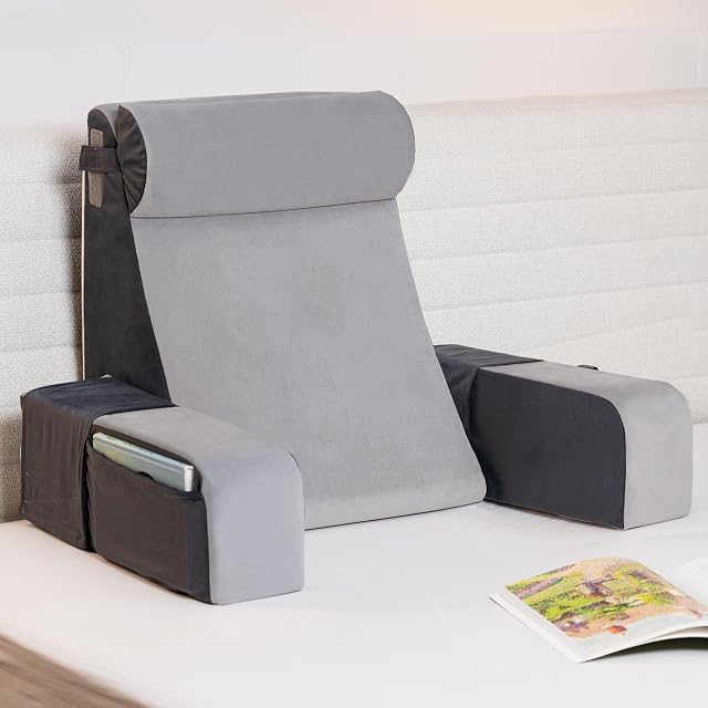 Vekkia 21 Reading Pillow for Sitting in Bed 60 Ergonomic Wedge Back Pillow XL Side Pockets Removable Cover