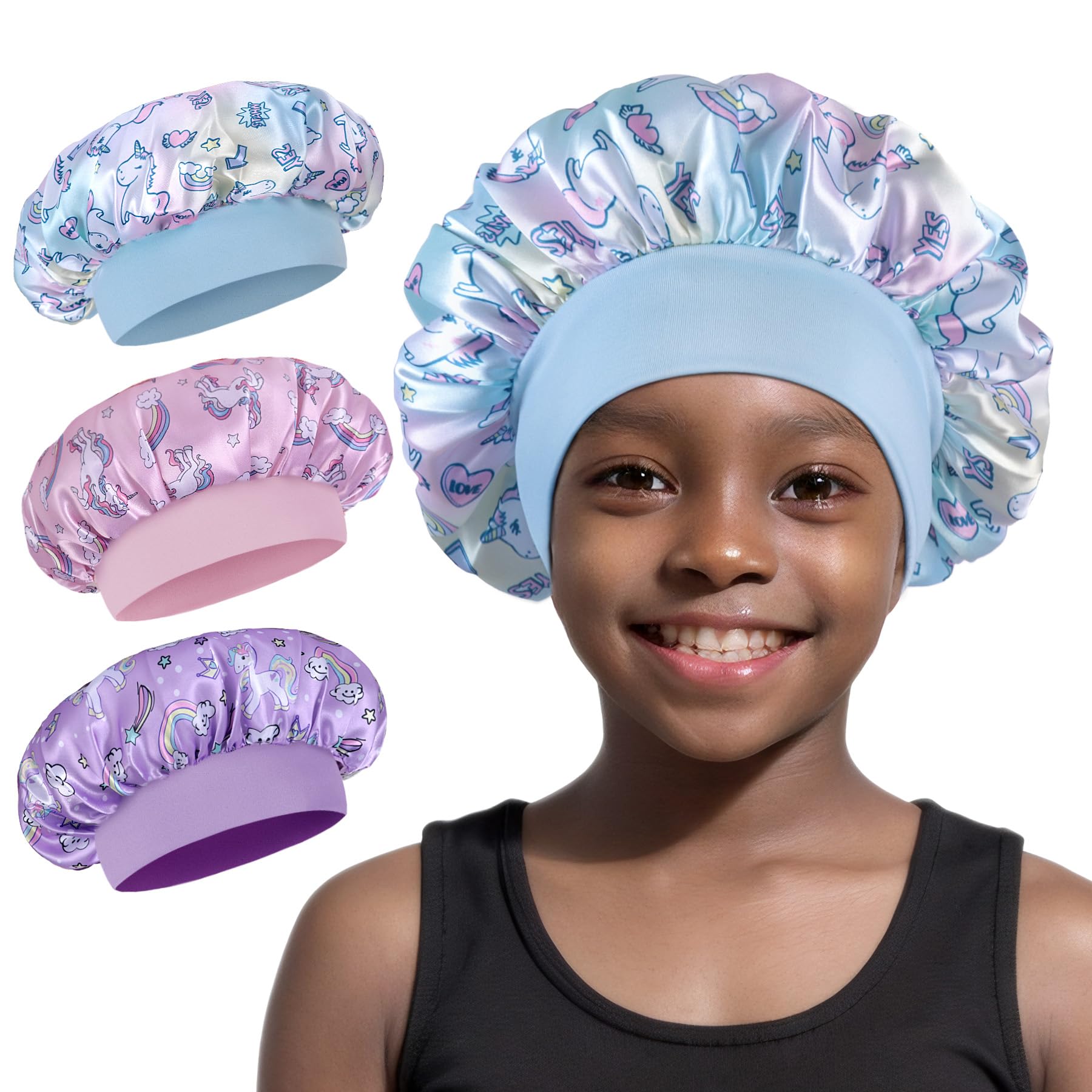 Ainelure Kids Hair Bonnet for Sleeping 3 Pack Satin Hair Bonnets for Kids Girls Toddler Nightcap Gift, Pink+Sky Blue+Purple
