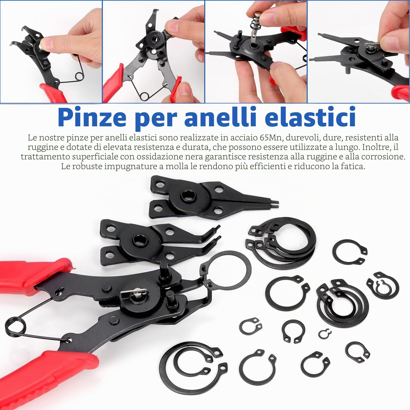 Glarks Assortimento di 312 clip di fissaggio a scatto in acciaio da 65mm, set di pinze per anello a scatto, anelli di fissaggio esterni