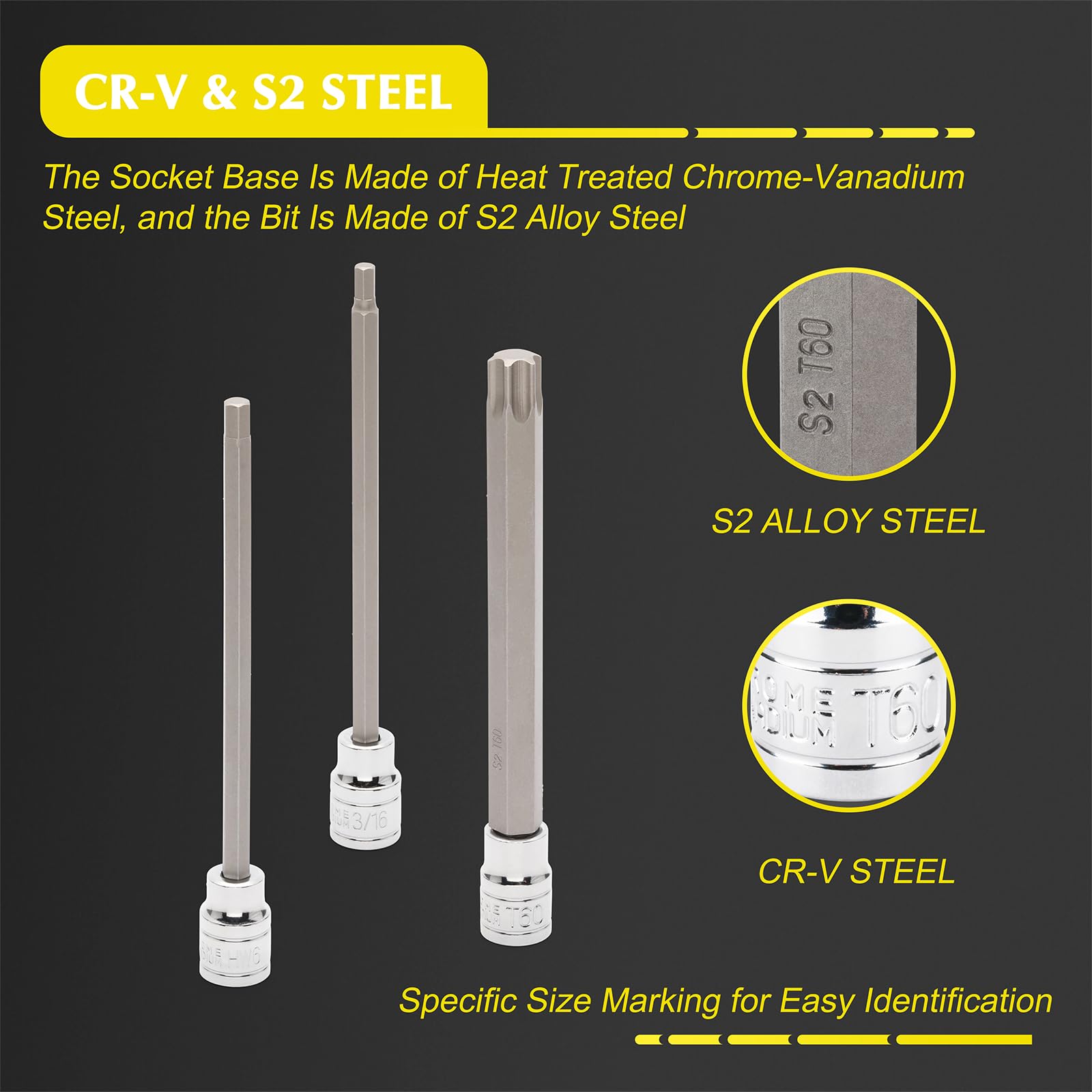 EMENTOL Juego de 32 llaves de vaso hexagonales y Torx extralargas de 3/8 pulgadas, CR-V, acero S2, 5.9 pulgadas de longitud, juego de llaves Allen hexagonales y puntas de estrella, 1/8 pulgadas - 7/16