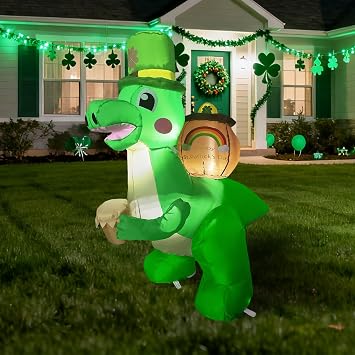 4FT Dinosaur Carrying a Cylinder Inflatable Decoration St. Patricks Day Decoration with LED Lights for Holiday Celebration Decorations for Yard, Lawn and Patio