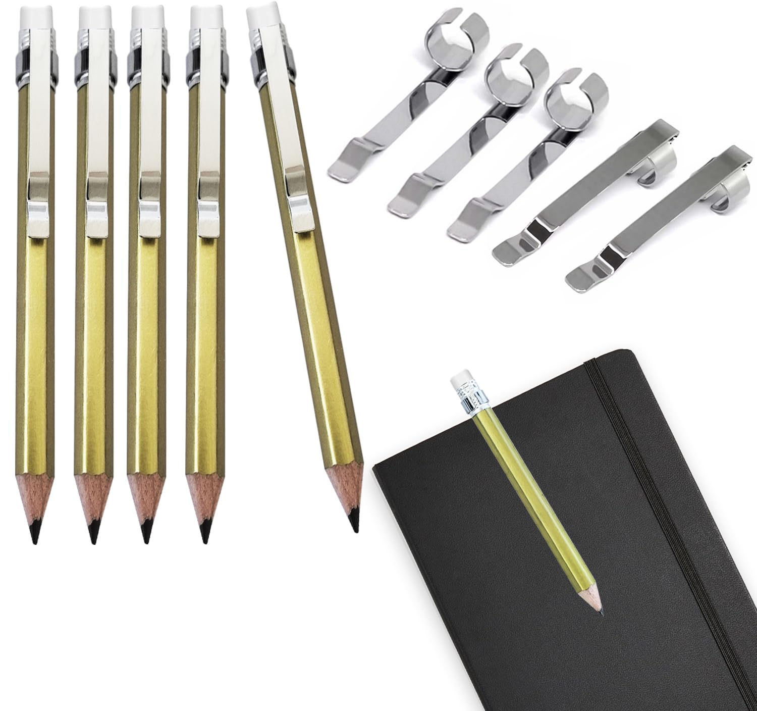 Adhere 25pcs Golf Pencils with eraser Hexagon Wooden Pencils Graphite 2B for Golf Event Scoring,Classroom,Wedding,Company Meetings,Pew, Pocket (Gold pencil 12pcs + pencil clip 12pcs) — image 1